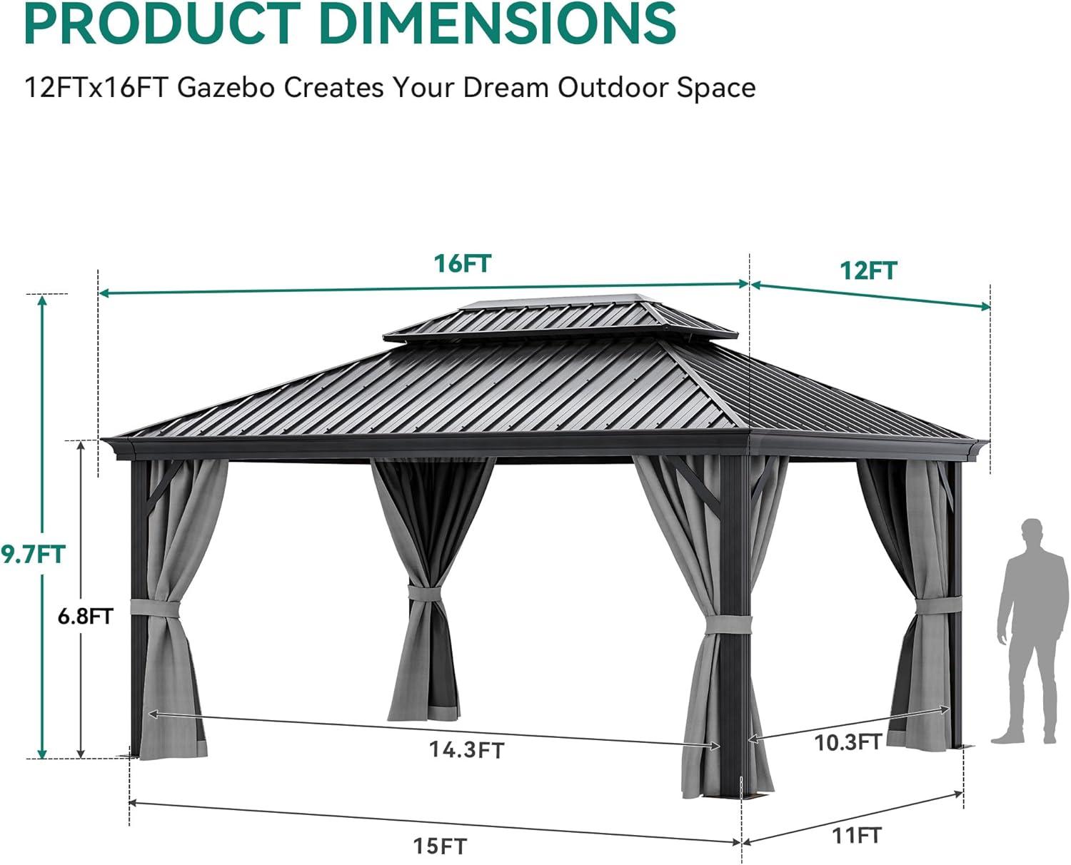 Sunmthink 12' x 16' Outdoor Hardtop Gazebo, Galvanized Double Roof Gazebo with Curtain and Netting for Patio, Garden, Lawn, Party