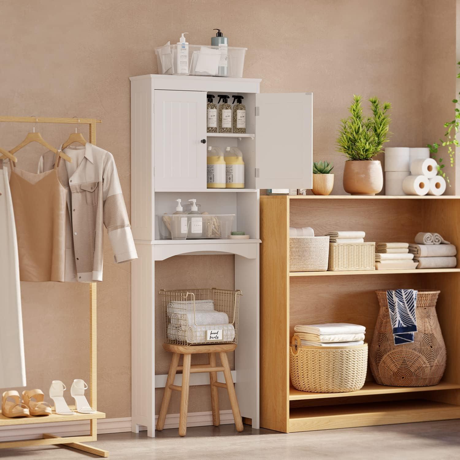Aiho 66.1" over the Toilet Storage Cabinet with Adjustable Shelf and Open Storage Shelf, Freestanding - White