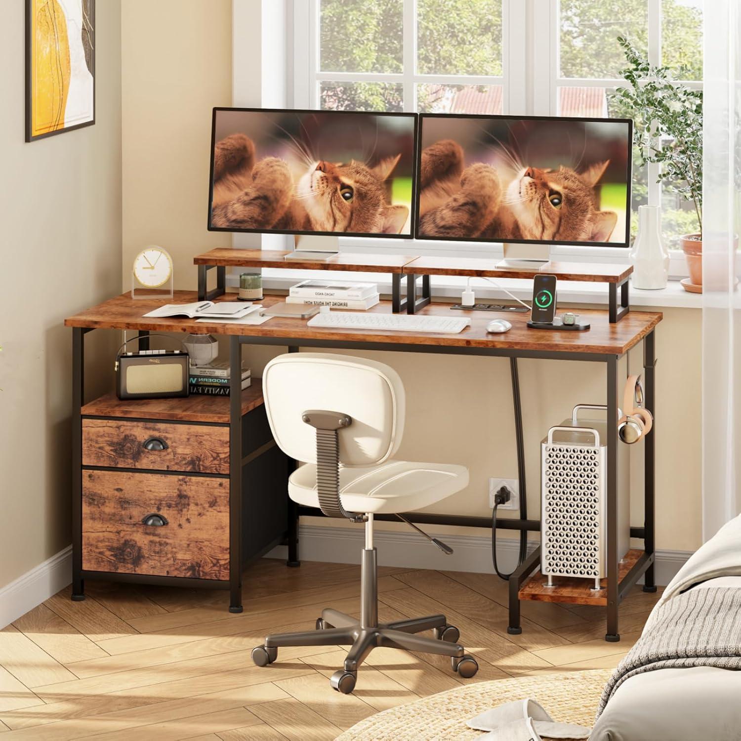 Rustic Brown Computer Desk with Drawer and Power Outlets