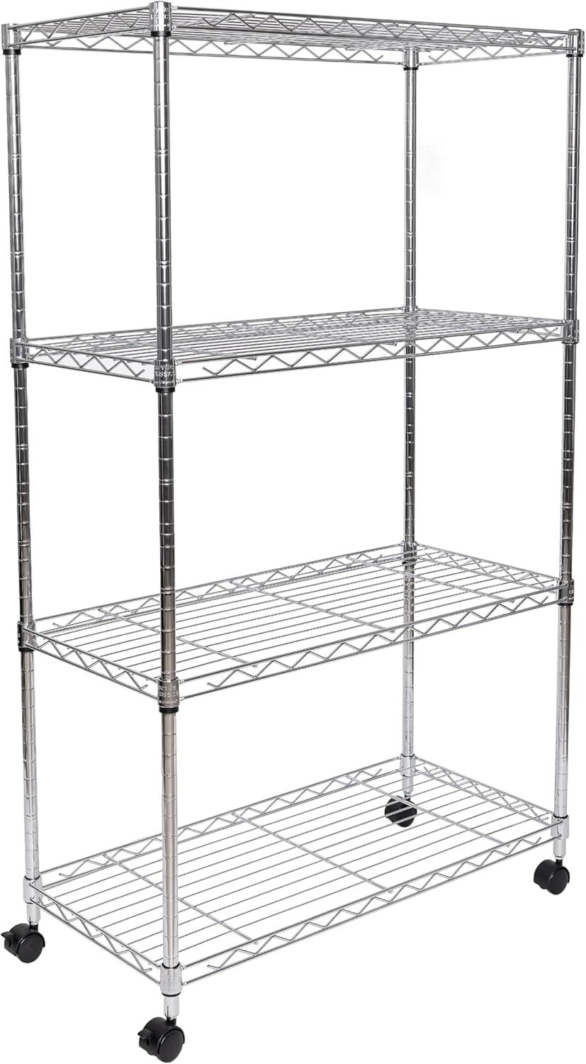 Seville Classics 4-Tier Steel Wire Shelving with Wheels, 30" W x 14" D x 48" H, Chrome