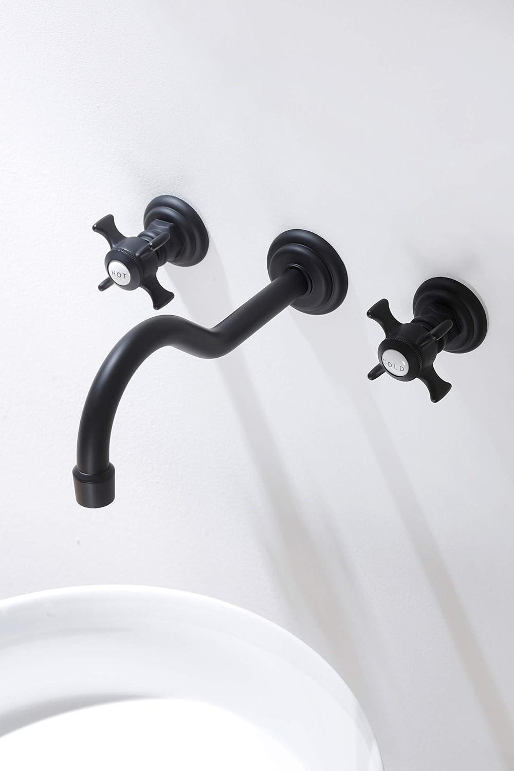 Matte Black Vintage Wall-Mounted Bathroom Faucet with Cross Handles