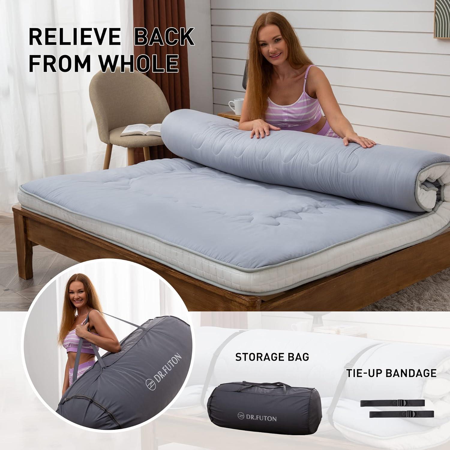 Dr.Futon Japanese Floor Futon Mattress Extra Thick Folding Roll Up Bed Topper Mat for Guest,Lounger and Tavel