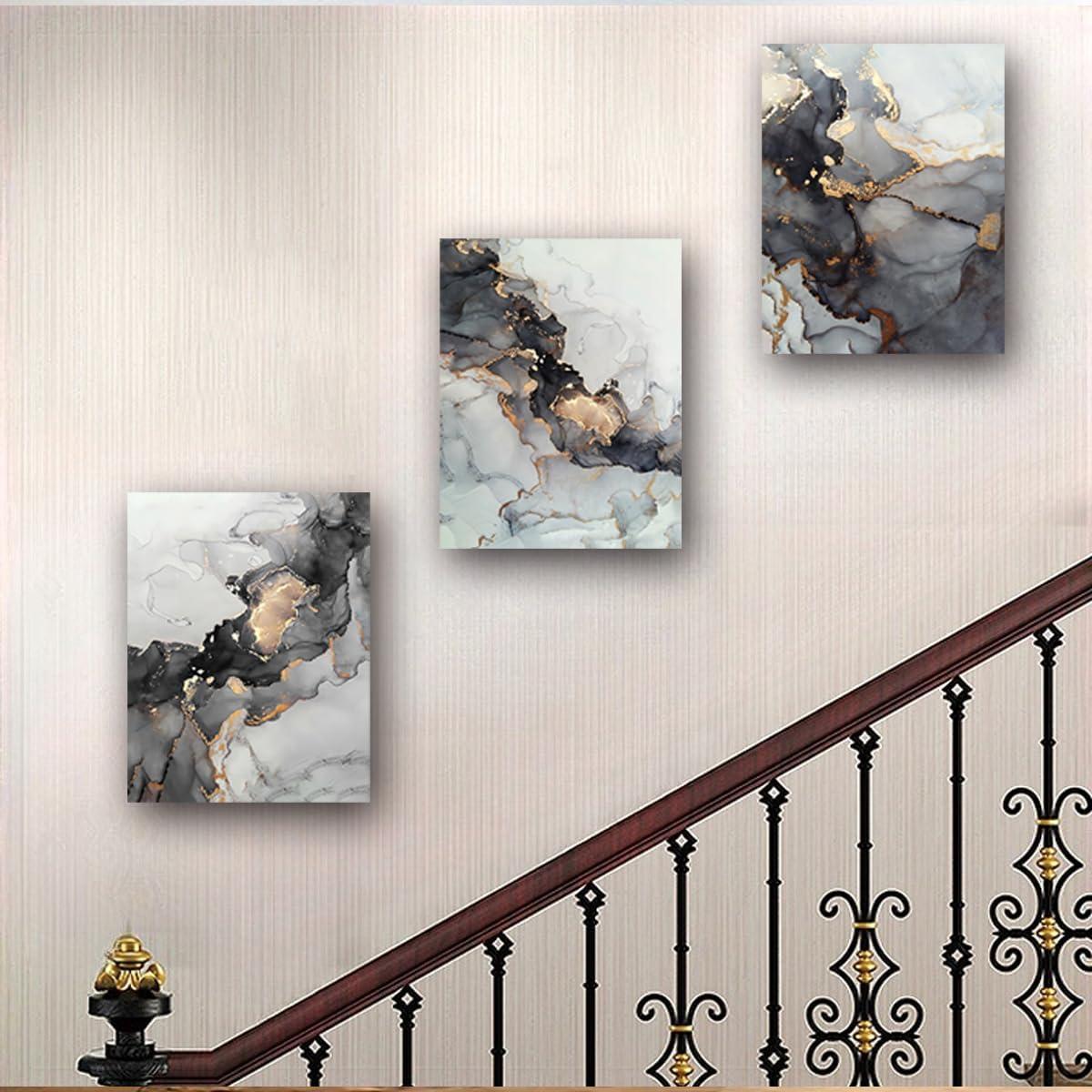 3Pcs Abstract Marble Wall Art Black and Gold Bathroom Decor Nordic Watercolor Gray White Fluid Ink Lines Canvas Picture Contemporary Painting Artwork for Living Room Bedroom Office Home Decor