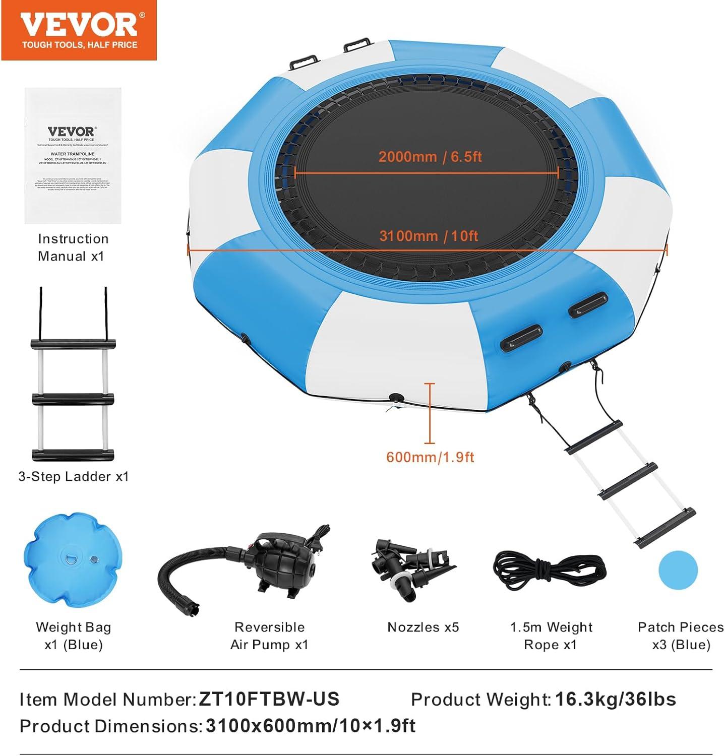 VEVOR Inflatable Water Bouncer, 10ft Recreational Water Trampoline, Kids Adults Floating Rebounder for Pool, Lake, Water Sports