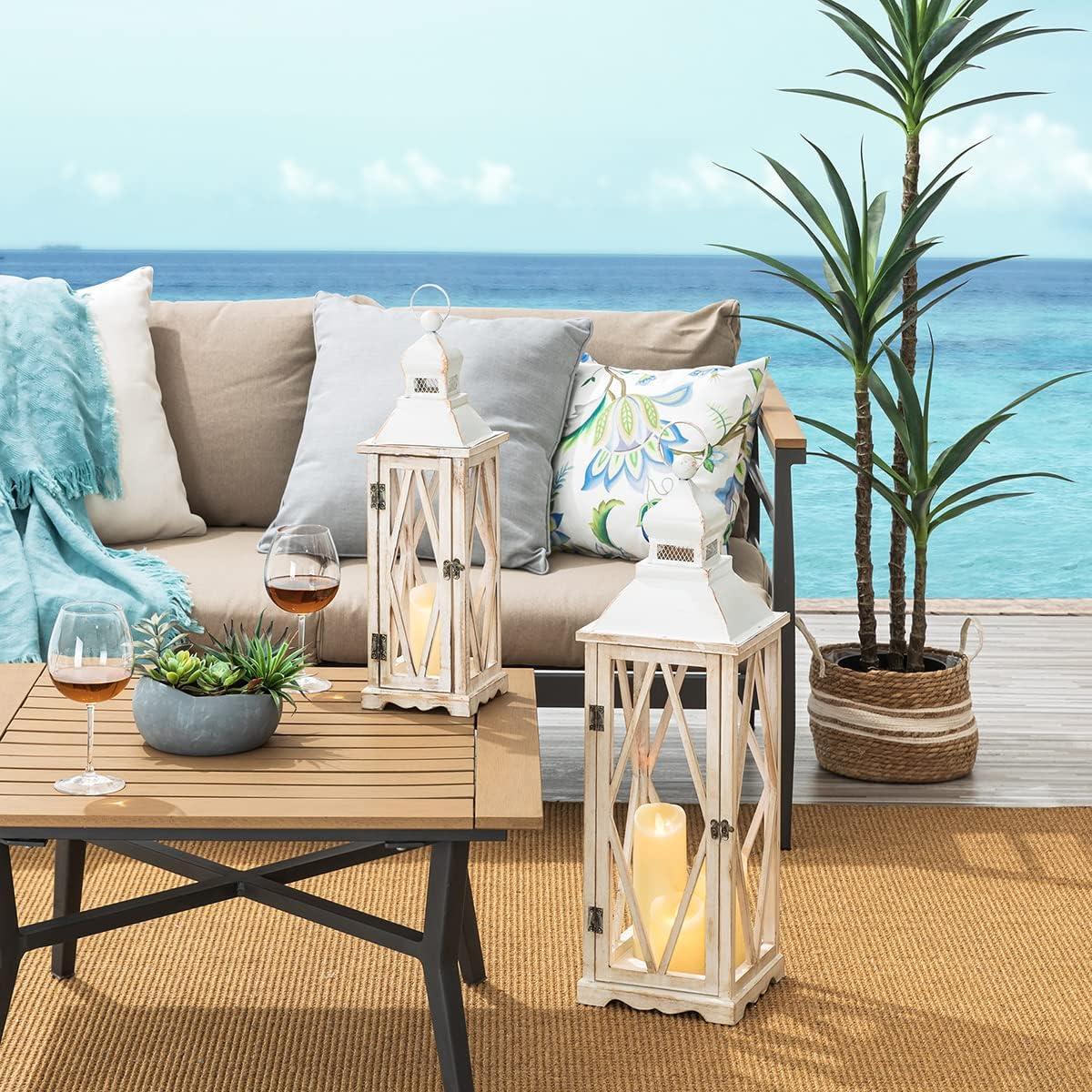 Farmhouse Wood Metal Lanterns Decorative Hanging Candle Lanterns White Set of 2 (No Glass)