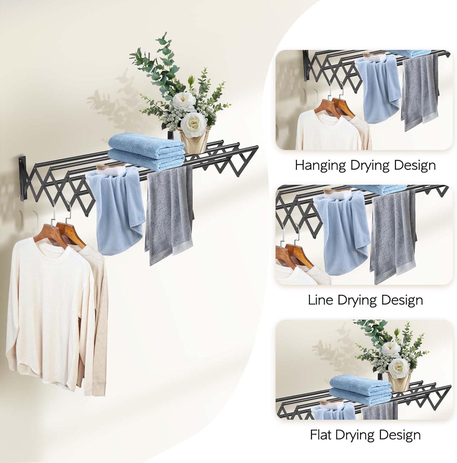 Black Stainless Steel Wall Mounted Foldable Drying Rack with 7 Rods