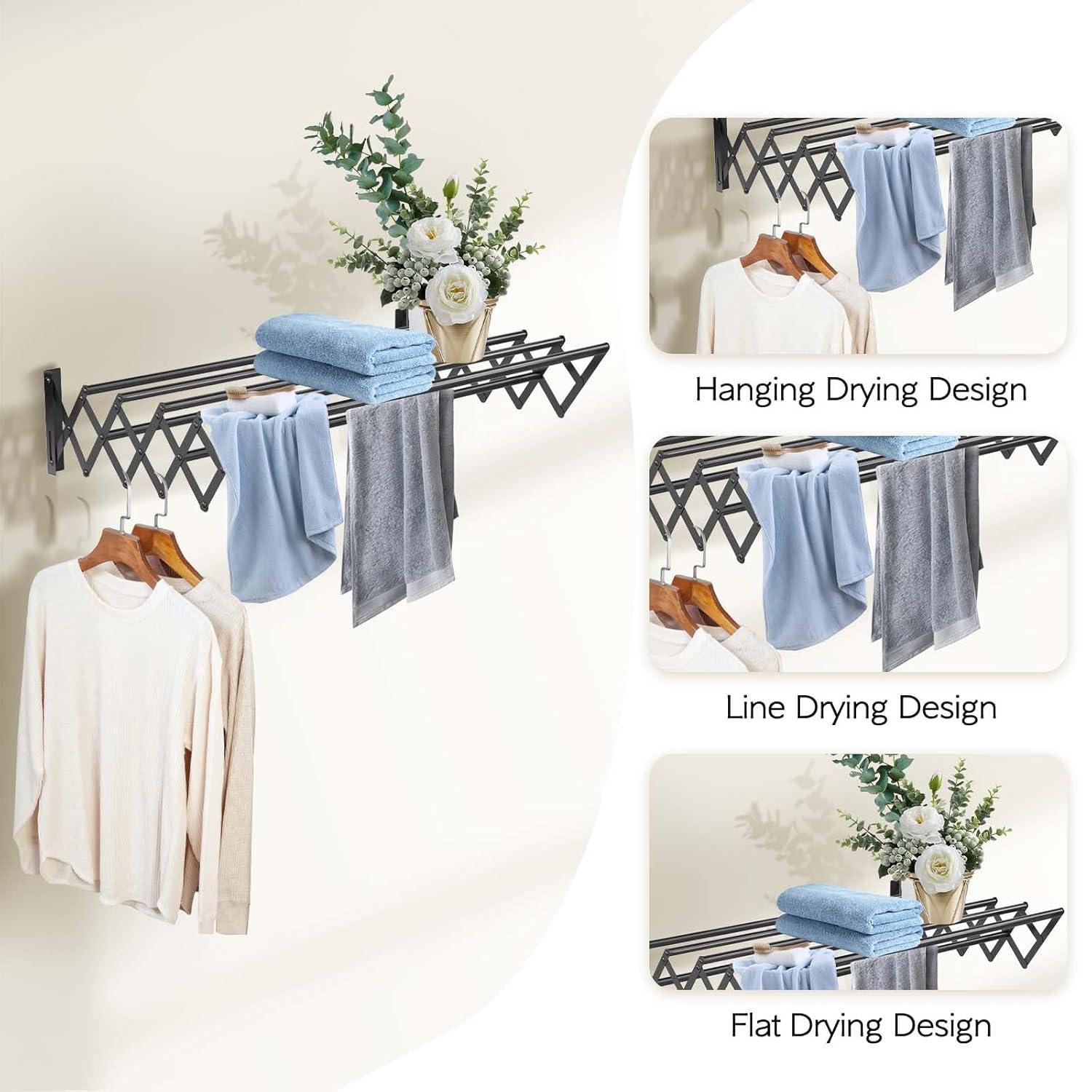 Black Stainless Steel Wall Mounted Foldable Drying Rack with 7 Rods