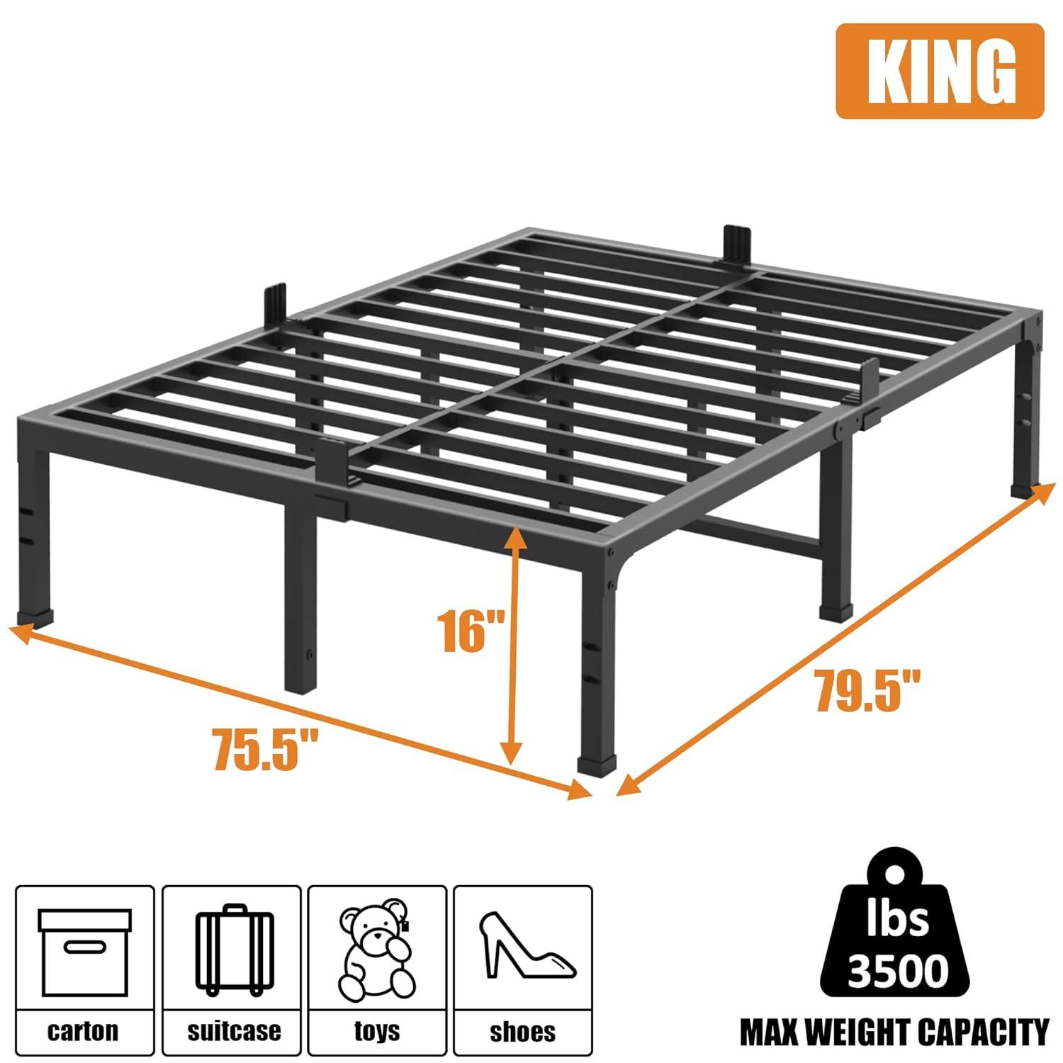 FUIOBYVV King Bed Frames, 16 Inch Heavy Duty Metal Platform Bed Frame King Size Support Up to 3500 lbs, No Box Spring Needed/No Shaking/Steel Slat Support/Noise Free/Easy Assembly