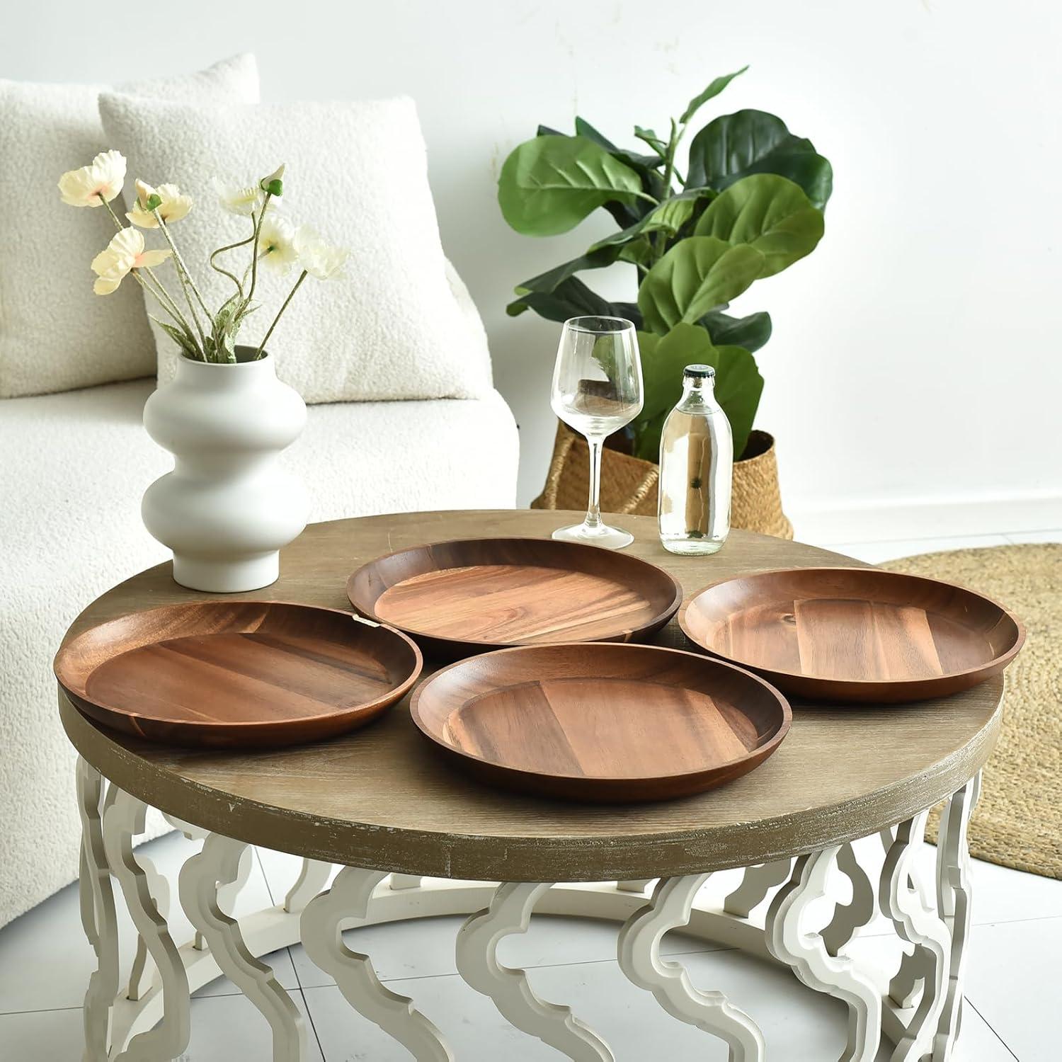 11 in Acacia Wooden Dinner Plate Set (Set of 4)