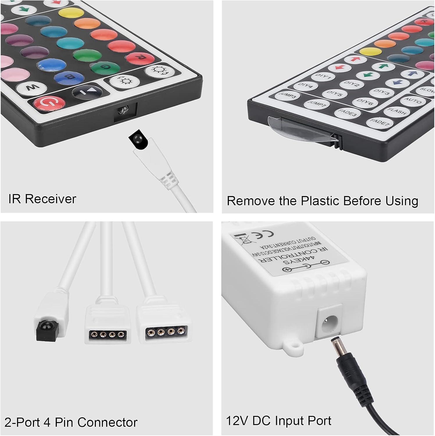 2-Port 44 Key IR LED Light Remote,RGB Control Box+ DC 12V 3A LED Power Supply Led Light Adapter+ 2 Pack 3.3FT Extension Cable for 3528 5050 RGB LED Strip Lights(Not Compatiable 24V LED Lights)