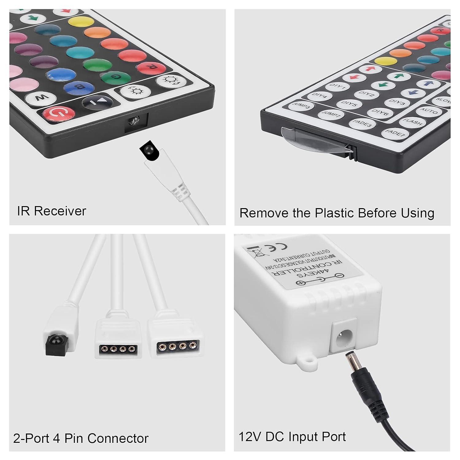 2-Port 44 Key IR LED Light Remote,RGB Control Box+ DC 12V 3A LED Power Supply Led Light Adapter+ 2 Pack 3.3FT Extension Cable for 3528 5050 RGB LED Strip Lights(Not Compatiable 24V LED Lights)