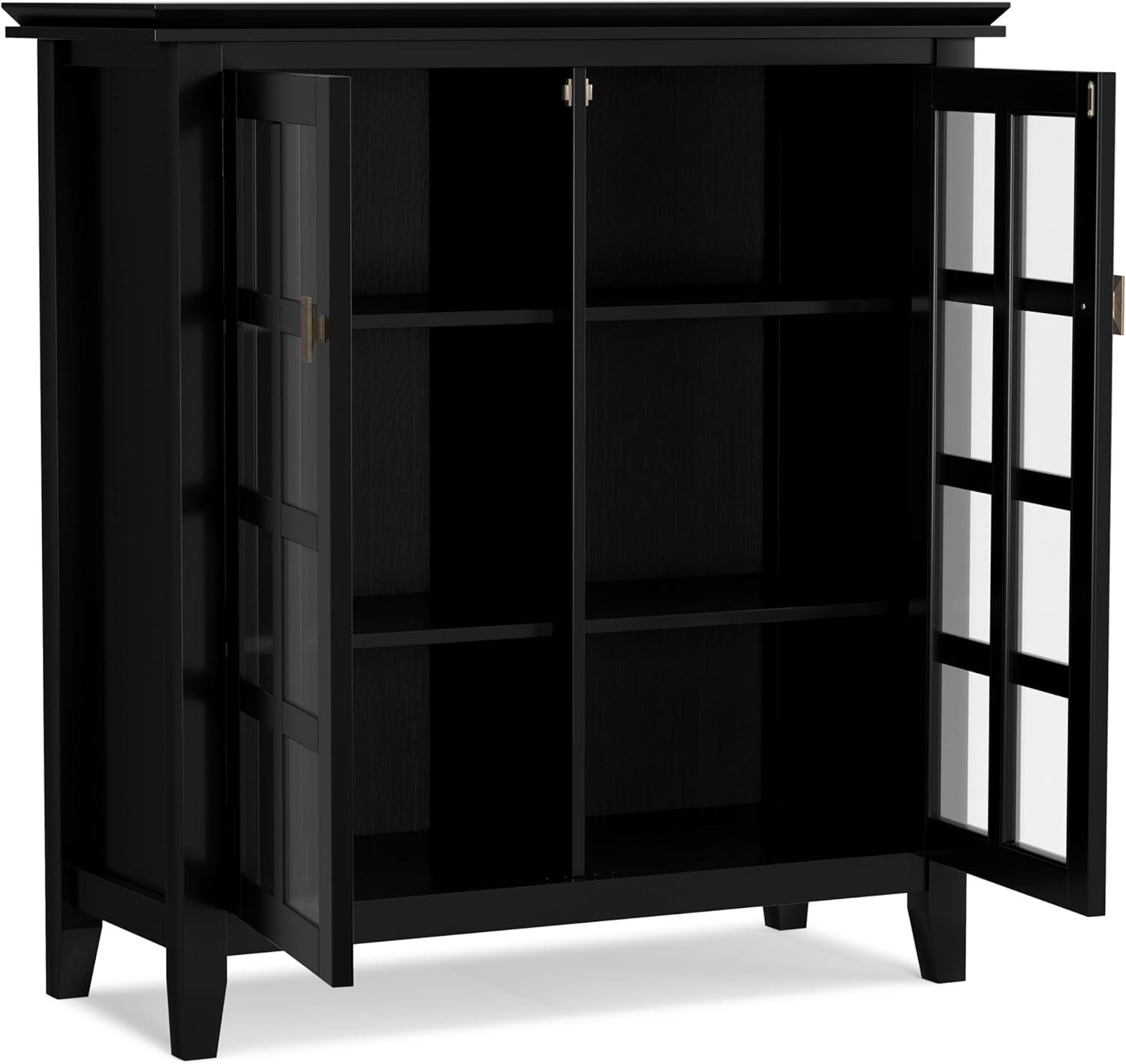 Simpli Home Artisan 38"W Solid Wood 4-Shelf Medium Storage Cabinet with Glass Doors and Adjustable Shelves