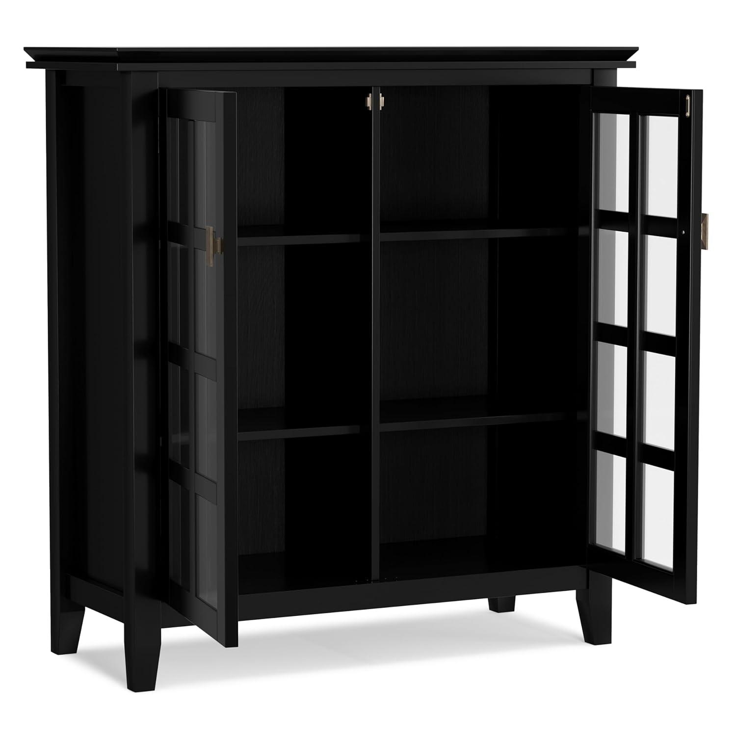 Simpli Home Artisan 38"W Solid Wood 4-Shelf Medium Storage Cabinet with Glass Doors and Adjustable Shelves