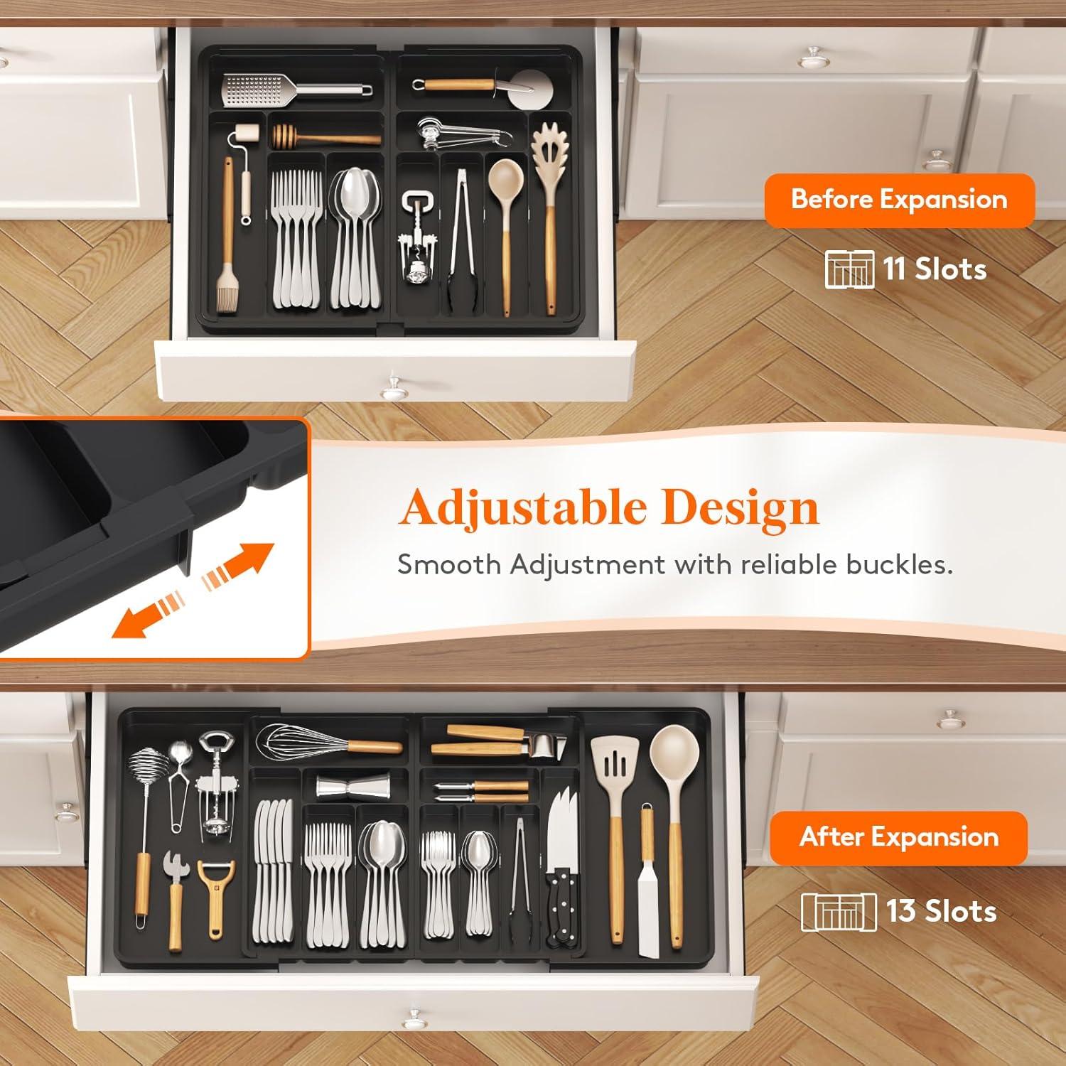 Expandable Black Plastic Silverware Drawer Organizer, 36 Inches Wide