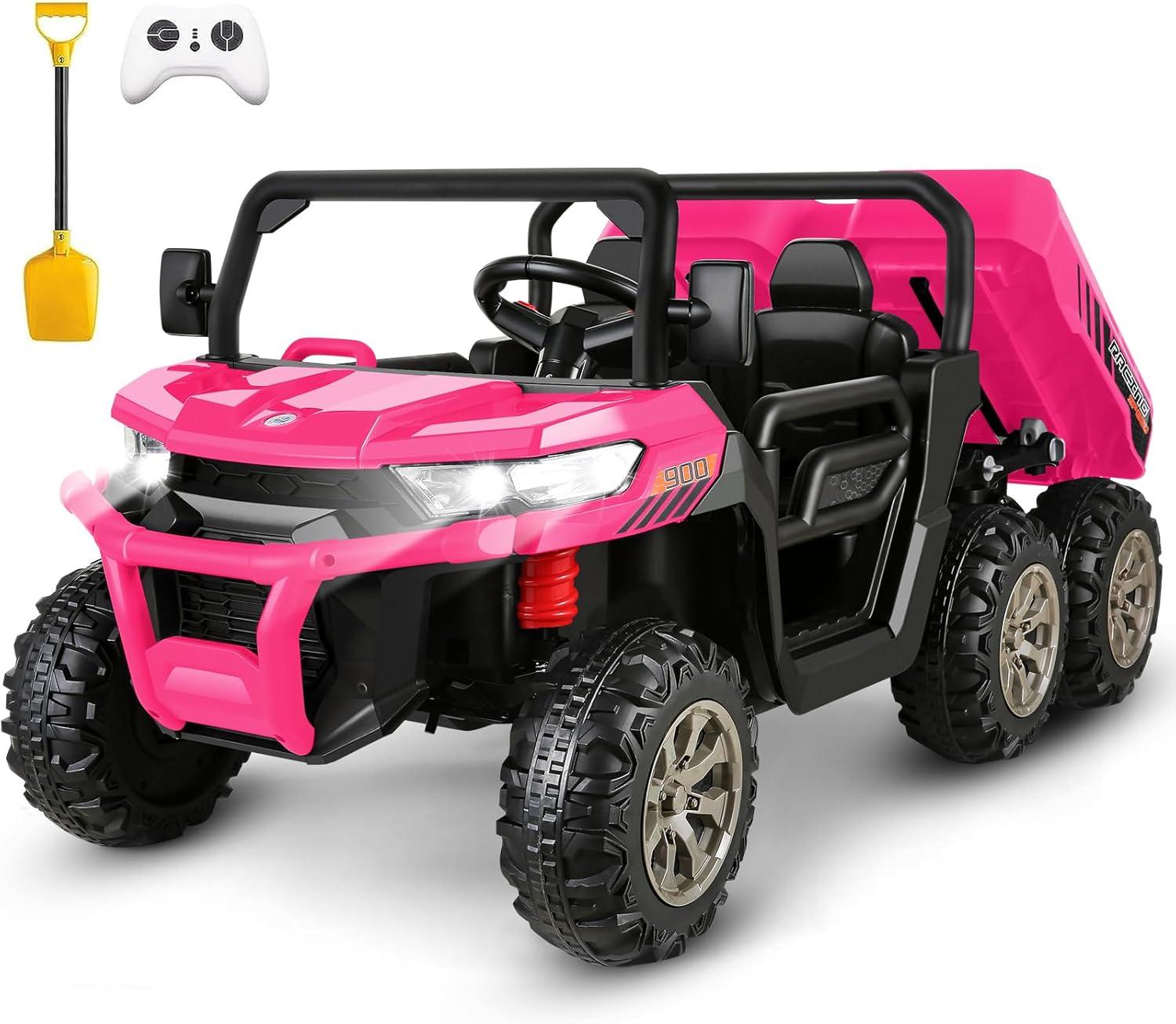 24V Kids Ride on Dump Truck with Remote Control, 2 Seater Powered 4-Wheel UTV Toys, 2x200W Ride on Tractor Car w/ Electric Dump Bed, Shovel, Bluetooth Music, Pink