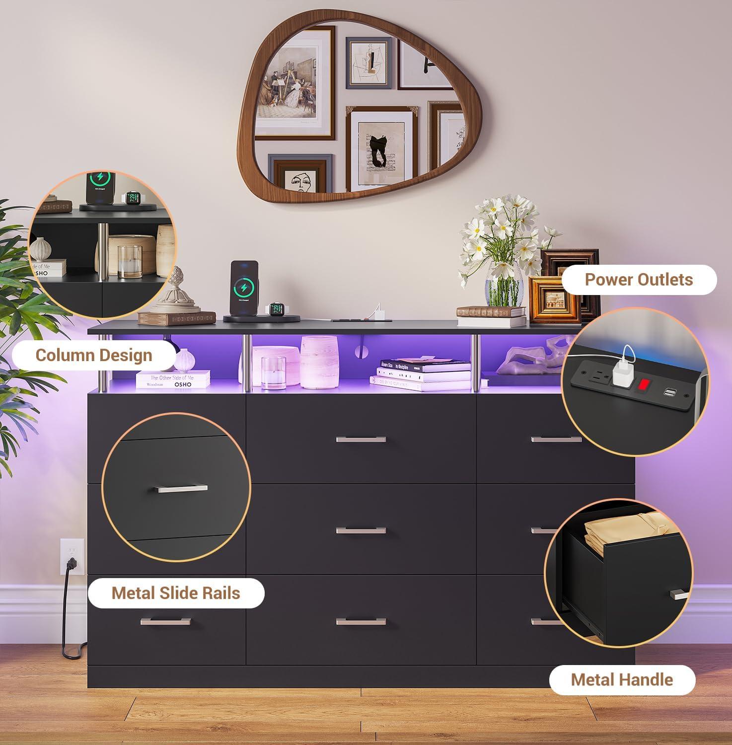 Modern Black 9-Drawer Dresser with LED and Charging Station