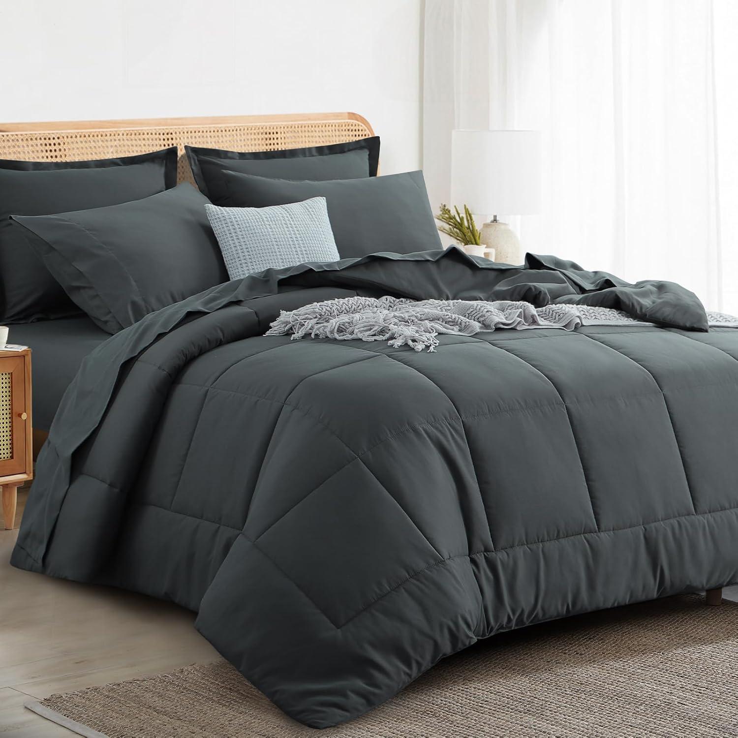 Queen Comforter Set - 7 Pieces Bed in a Bag Set Dark Grey, Bedding Sets Queen with All Season Quilted Comforter, Flat Sheet, Fitted Sheet, Pillowcases, Dark Gray, Queen