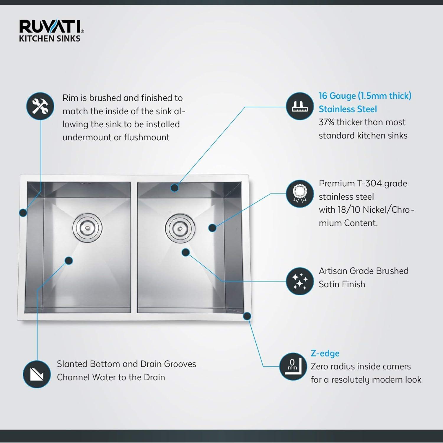 Ruvati 30-inch Undermount 50/50 Double Bowl Zero Radius 16 Gauge Stainless Steel Kitchen Sink