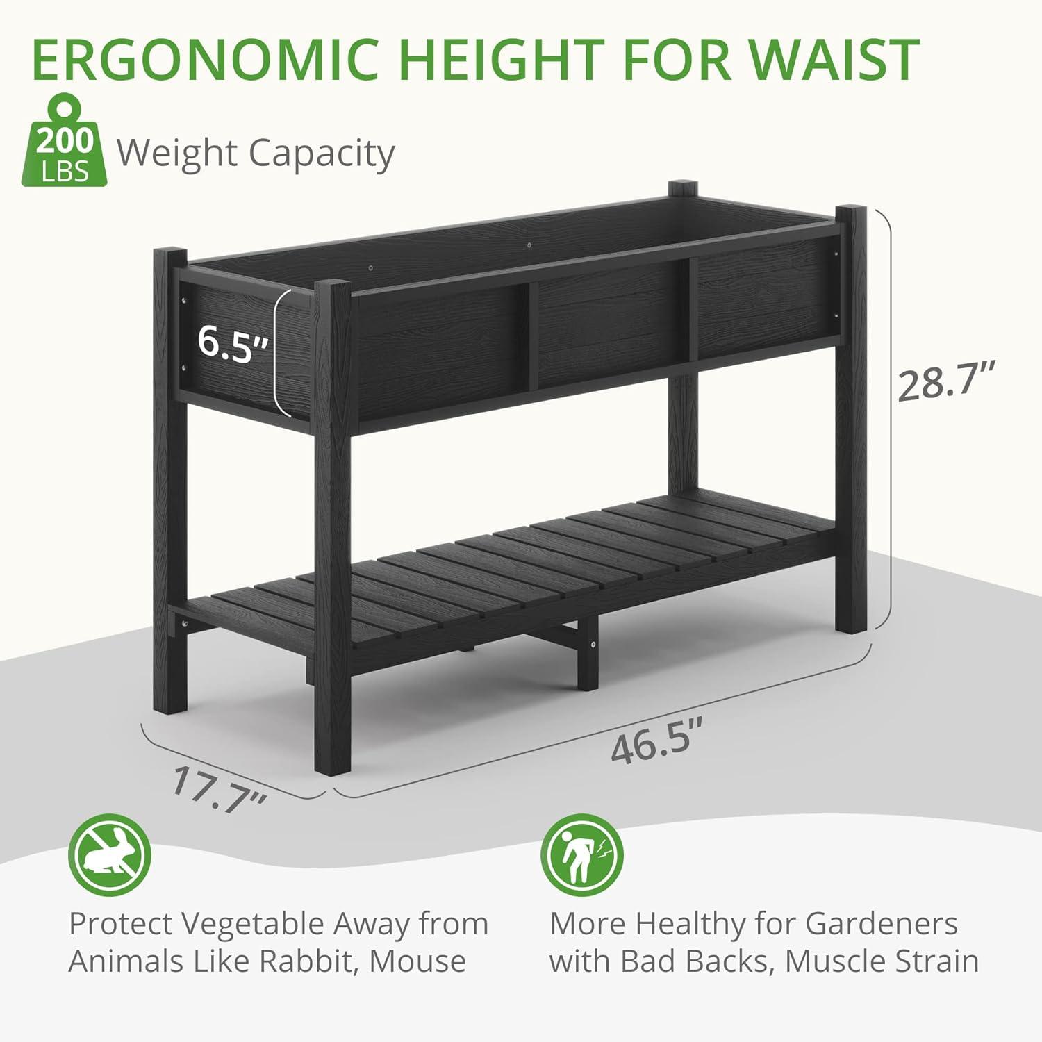 Black Elevated Poly Raised Garden Bed with Storage Shelf