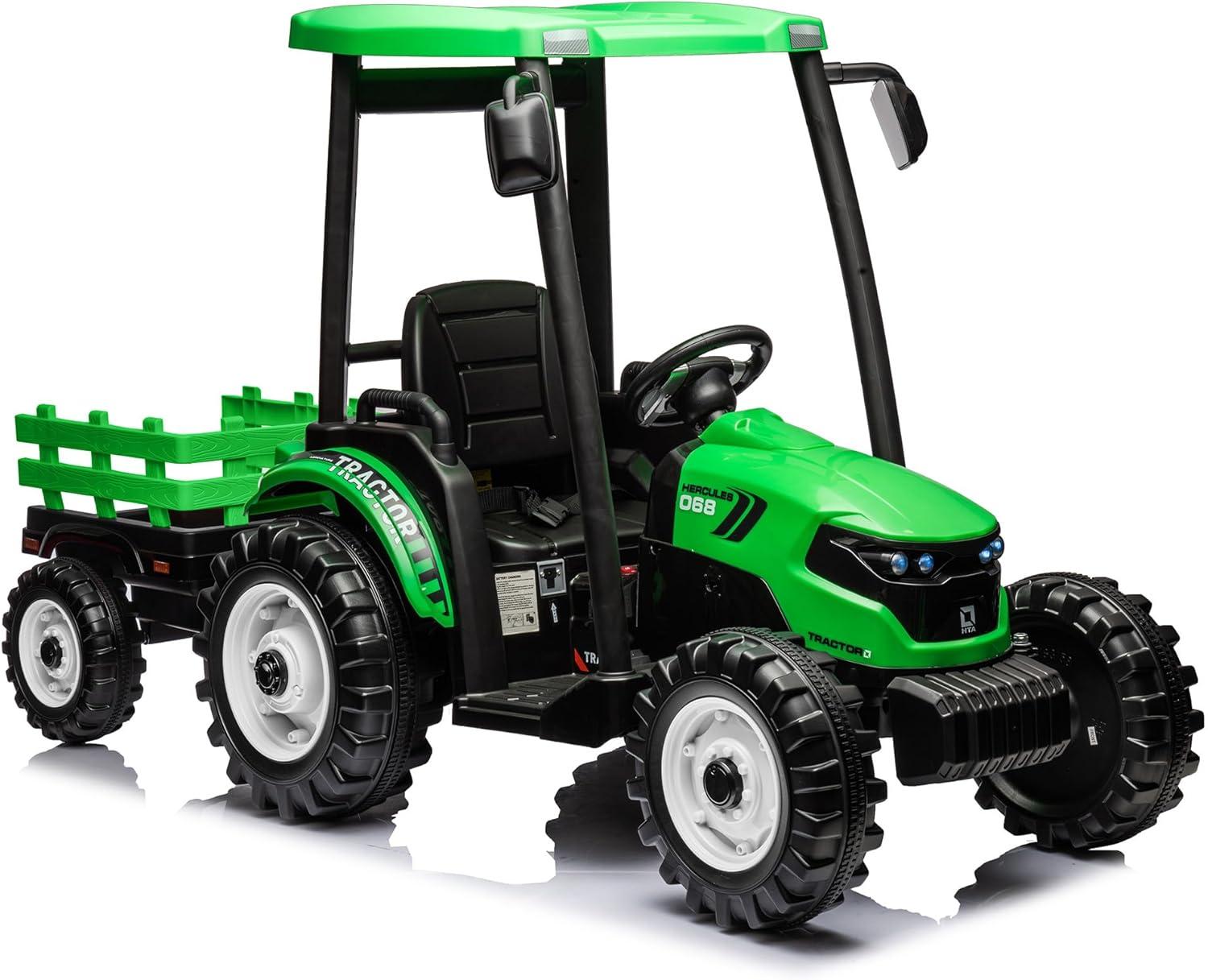 24V Green Ride-On Tractor with Trailer and Loader