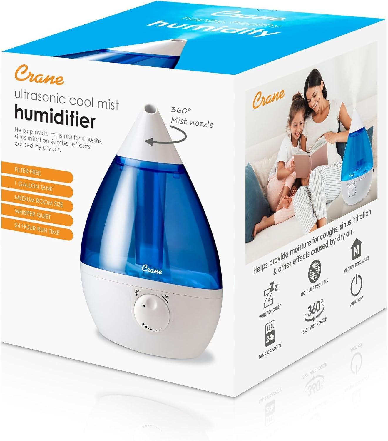 Crane USA 1 Gal. Cool Mist Ultrasonic Humidifier for Bedroom, Office, Nursery, Blue/White, Crane USA
