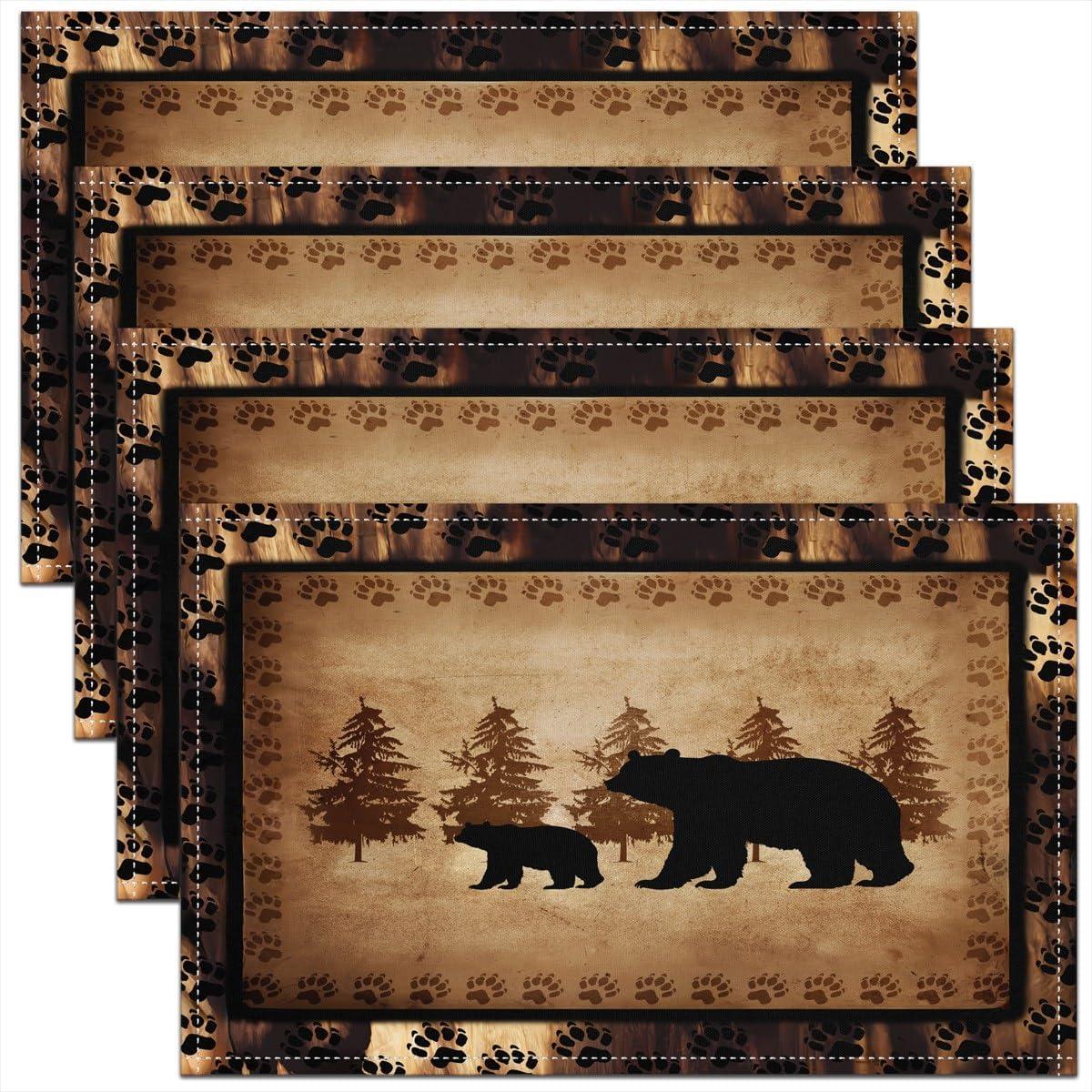 Bear Placemats Set of 4,Wild Animal Table Place Mats,Rustic Cabin Country Nature Wildlife Bear Brown Black Placemat for Kitchen Dining Table Decoration Indoor Outdoor 18"x12"