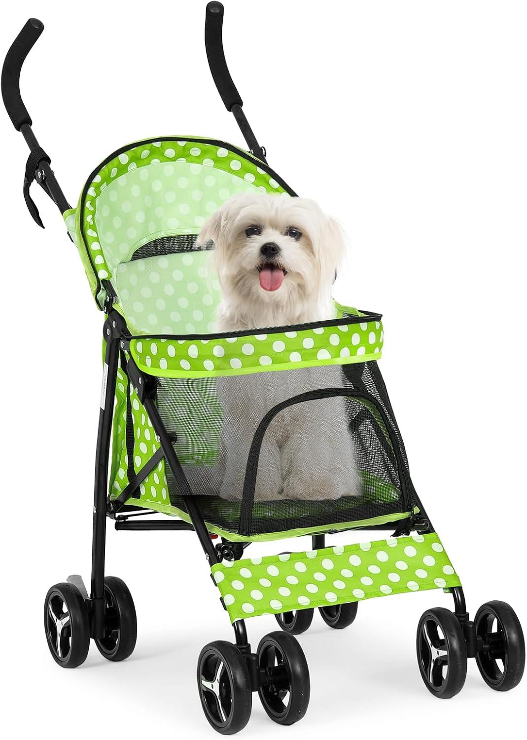 MoNiBloom 4 Wheel Foldable Lightweight Pet Trolley for Cats & Dogs, Lawn Green with White Polka Dots