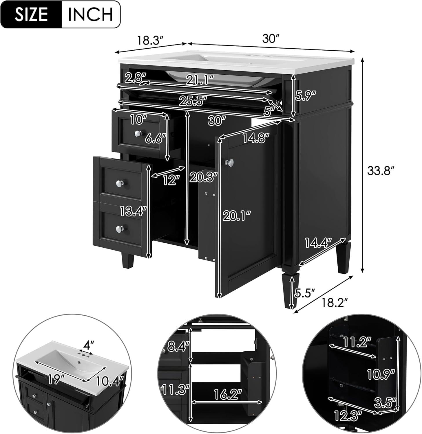 HLILish 30'' Bathroom Vanity With Top Sink, Modern Bathroom Storage Cabinet With 2 Drawers And A Tip-Out Drawer, Single Sink Bathroom Vanity