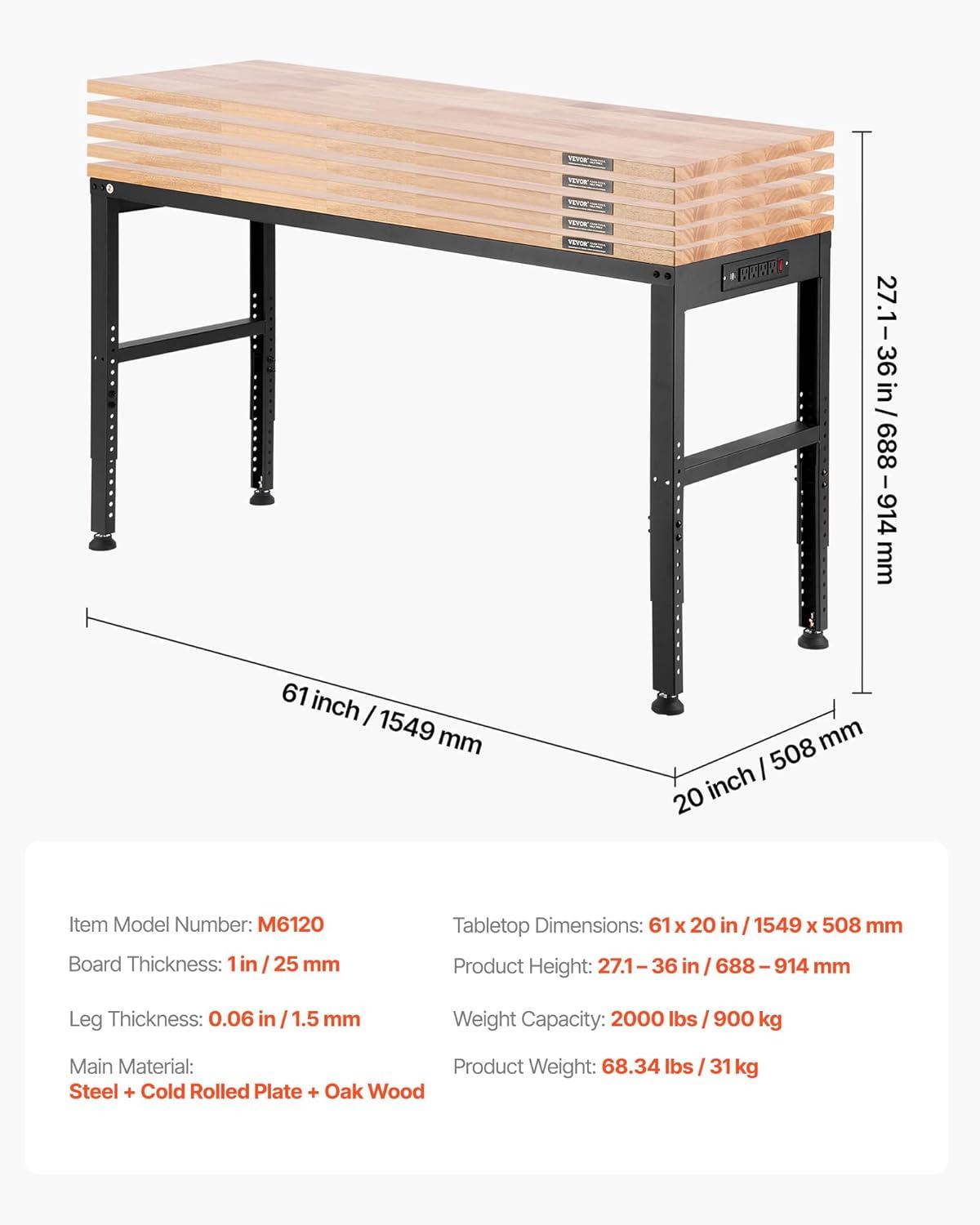 VEVOR 61'' W Wood Top Height-Adjustable Workbench