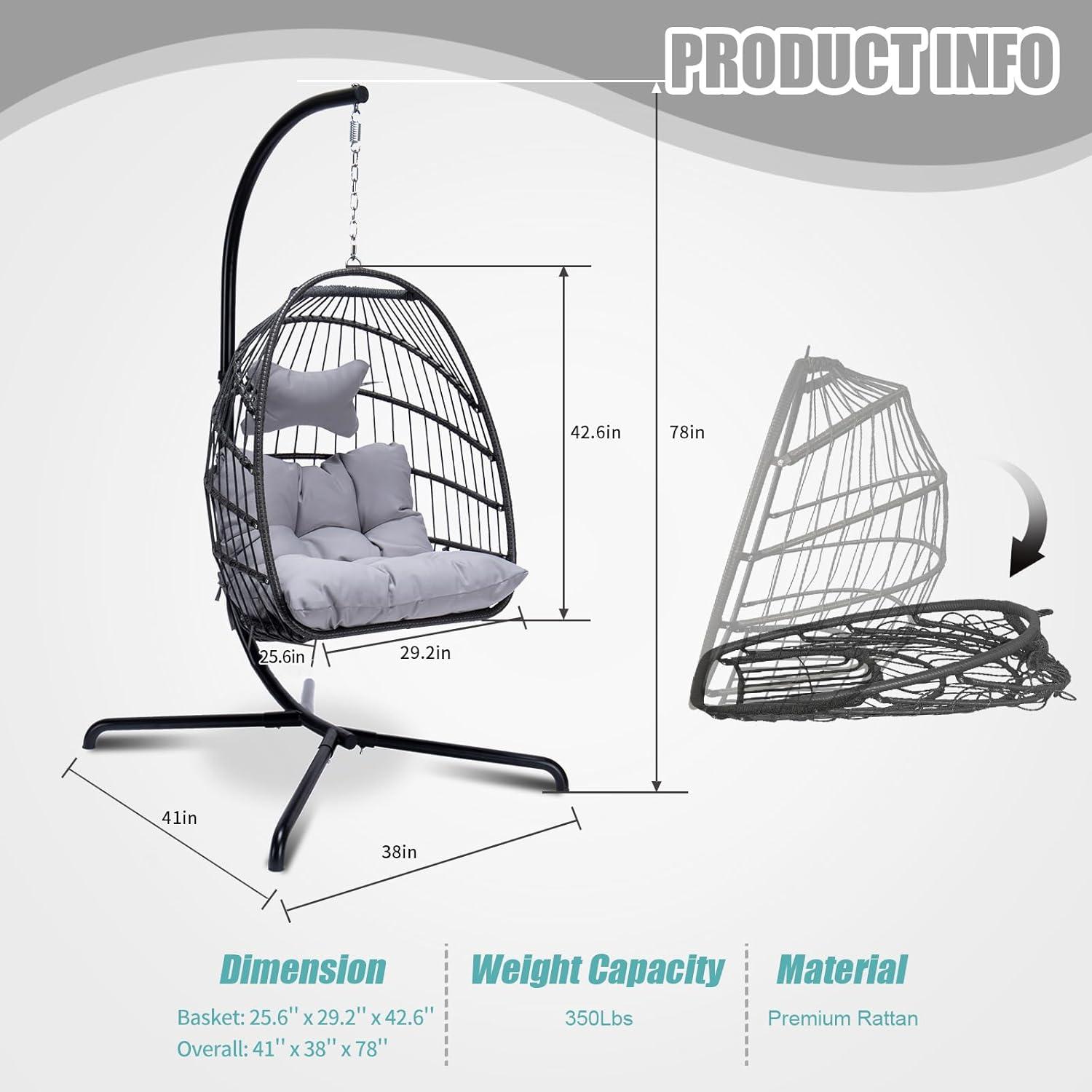 NICESOUL All Weather Swing Egg Chair Indoor Outdoor, Comfy Rattan Patio Basket Hanging Chair with Stand and Cushions, 350lbs Heavy Duty Sturdy Egg Hammock Chairs for Porch Balcony Deck Garden, Gray