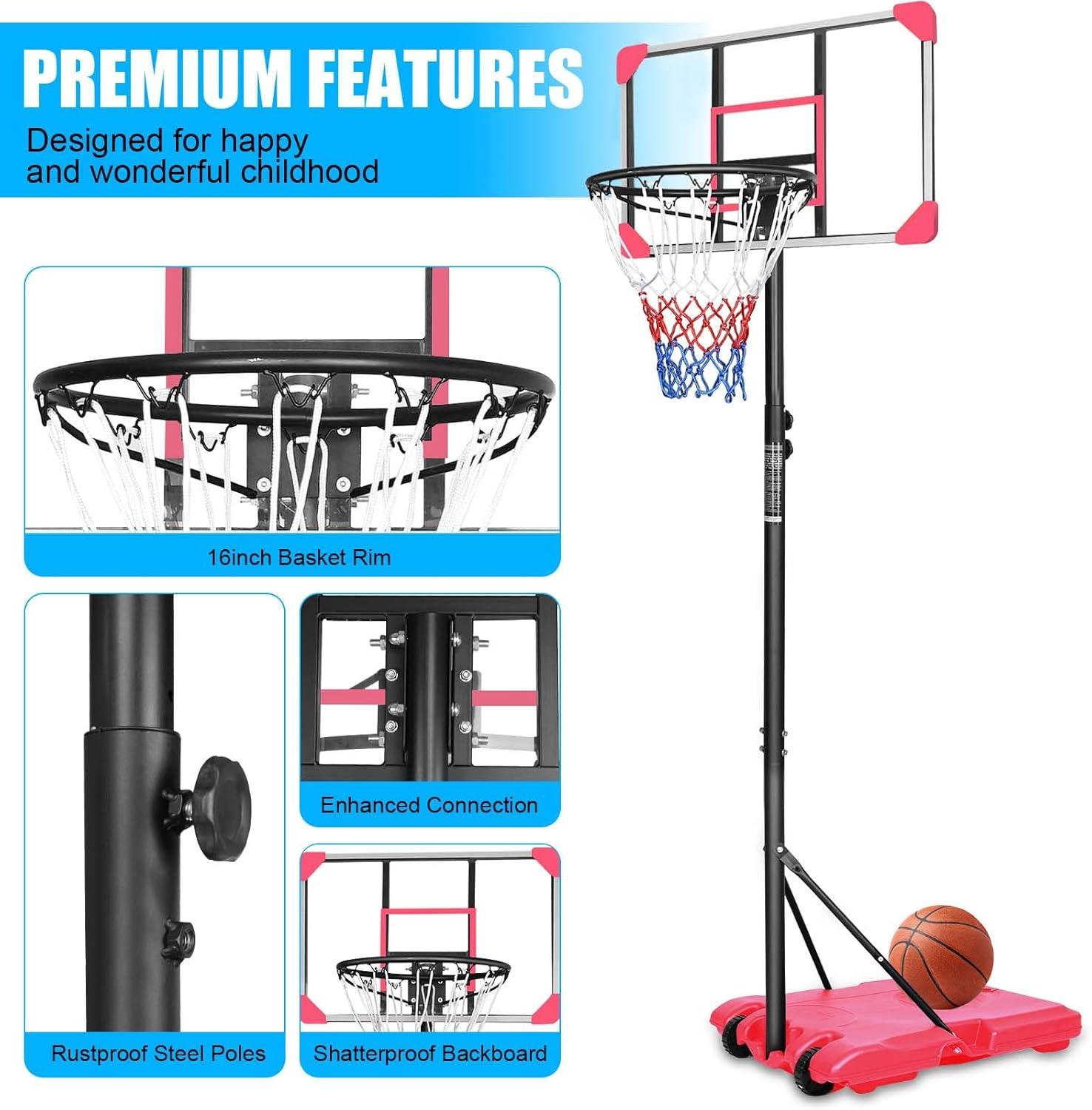 Pink Adjustable Portable Basketball Hoop with Polycarbonate Backboard