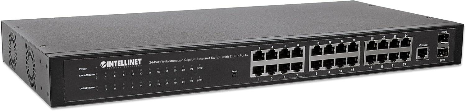 Intellinet 24-Port Web-Managed Gigabit Ethernet Switch with 2 SFP Ports | Fanless | VLAN, SNMP, 802.1X | NDAA