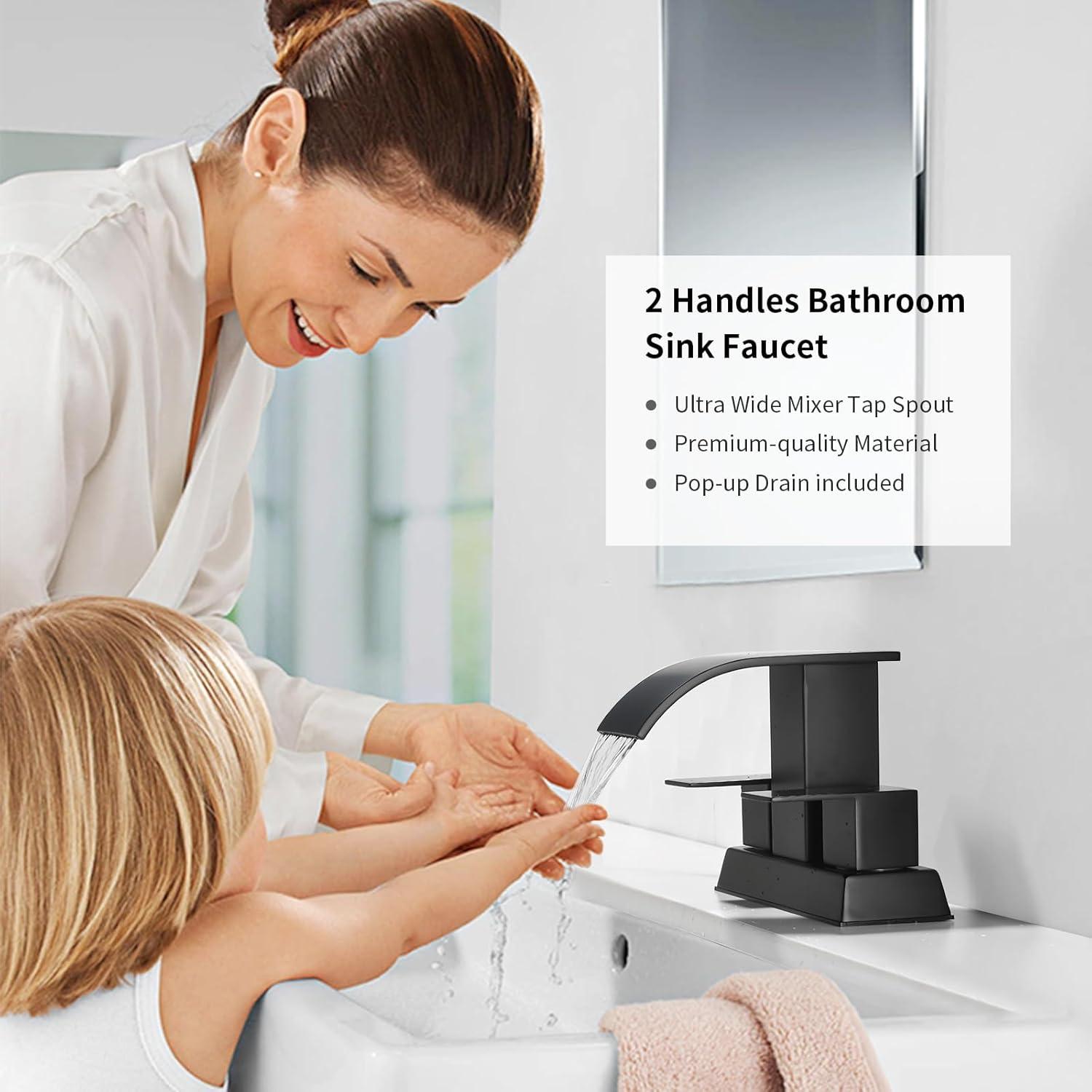 Matt Black Bathroom Sink Faucet 4 inch Bathroom Faucets for Sink 2-Handle Faucet with Pop-up Drain Vanity Faucet Modern