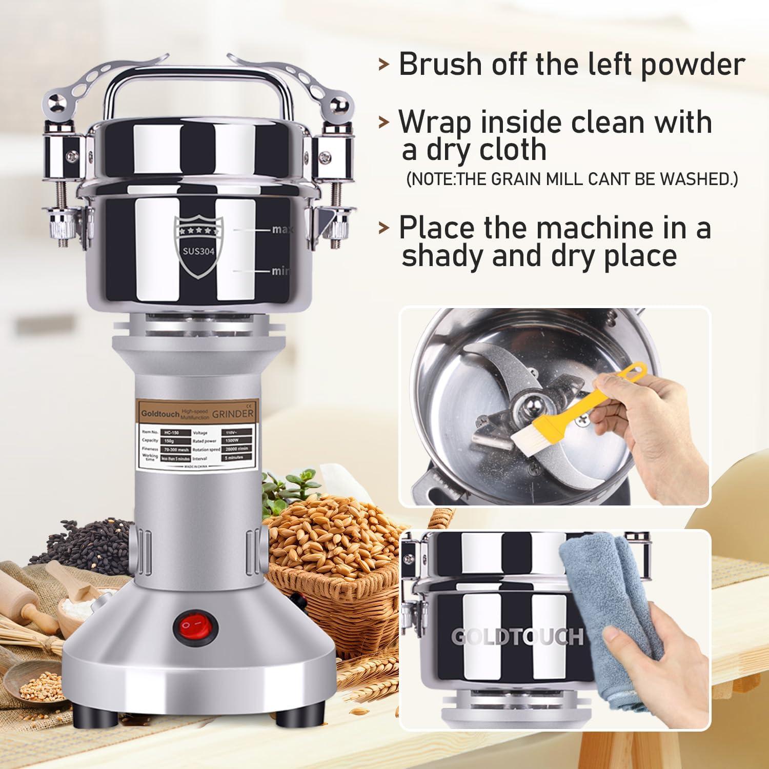 Goldtouch 150g Grain Mill Grinder 1500W Electric Stainless Steel Grain Grinder High-Speed Pulverizer Powder Machine for Dry Wheat, Oats, Corn, Pepper and Coffee Beans (150g Stand Type)