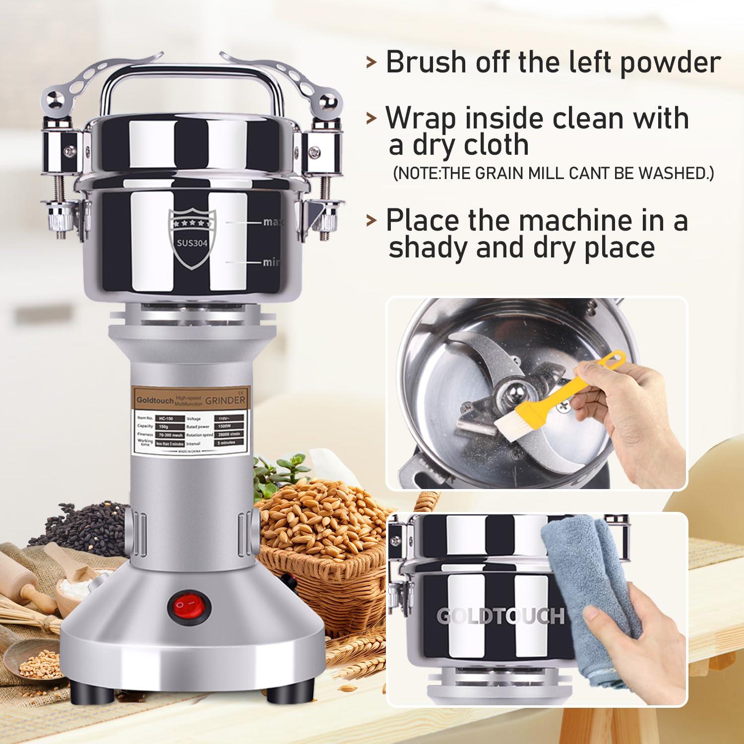 Goldtouch 150g Grain Mill Grinder 1500W Electric Stainless Steel Grain Grinder High-Speed Pulverizer Powder Machine for Dry Wheat, Oats, Corn, Pepper and Coffee Beans (150g Stand Type)