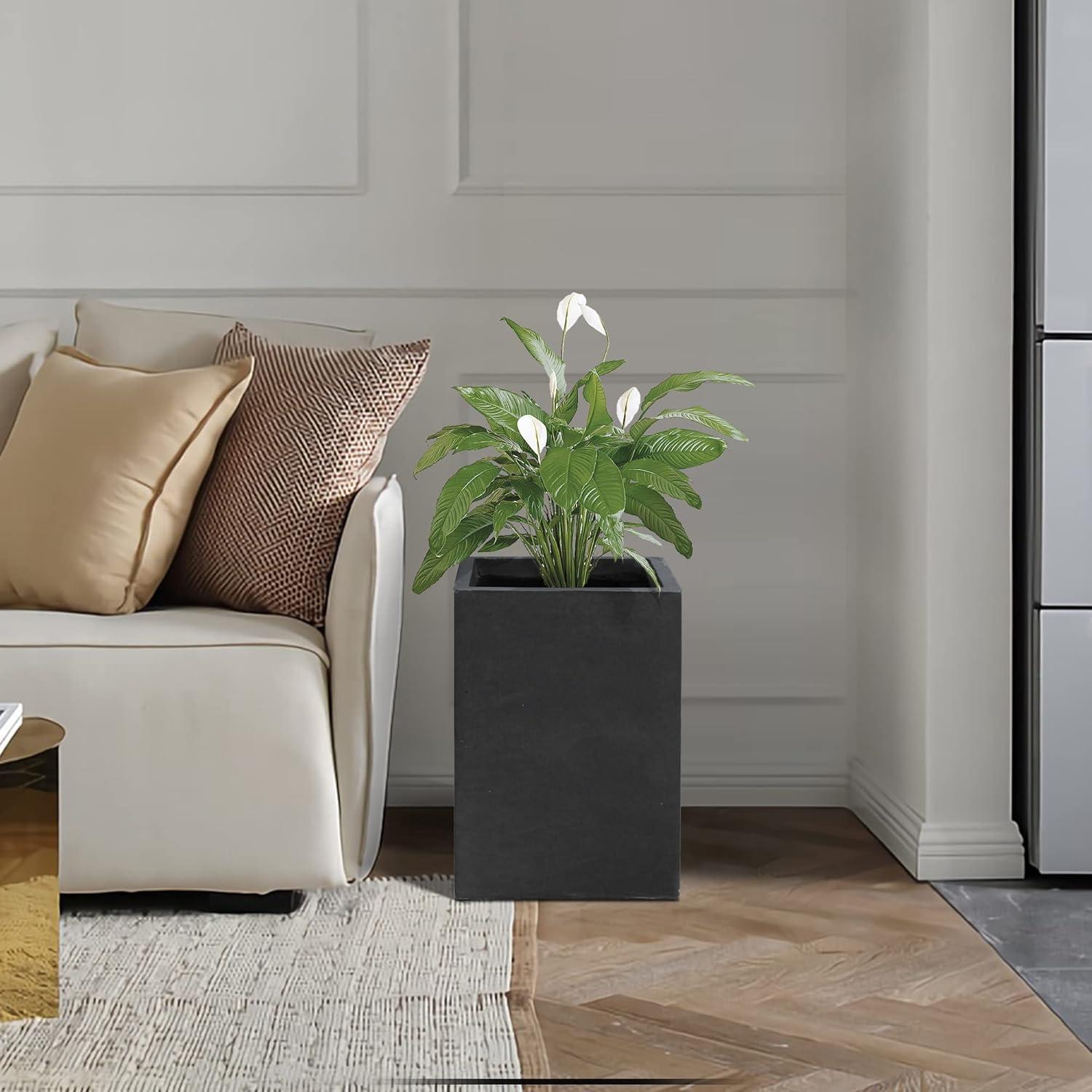 Kante 16"H Charcoal Finish Concrete Tall Square Planter, Outdoor/Indoor Lightweight Planters Pots with Drainage Hole