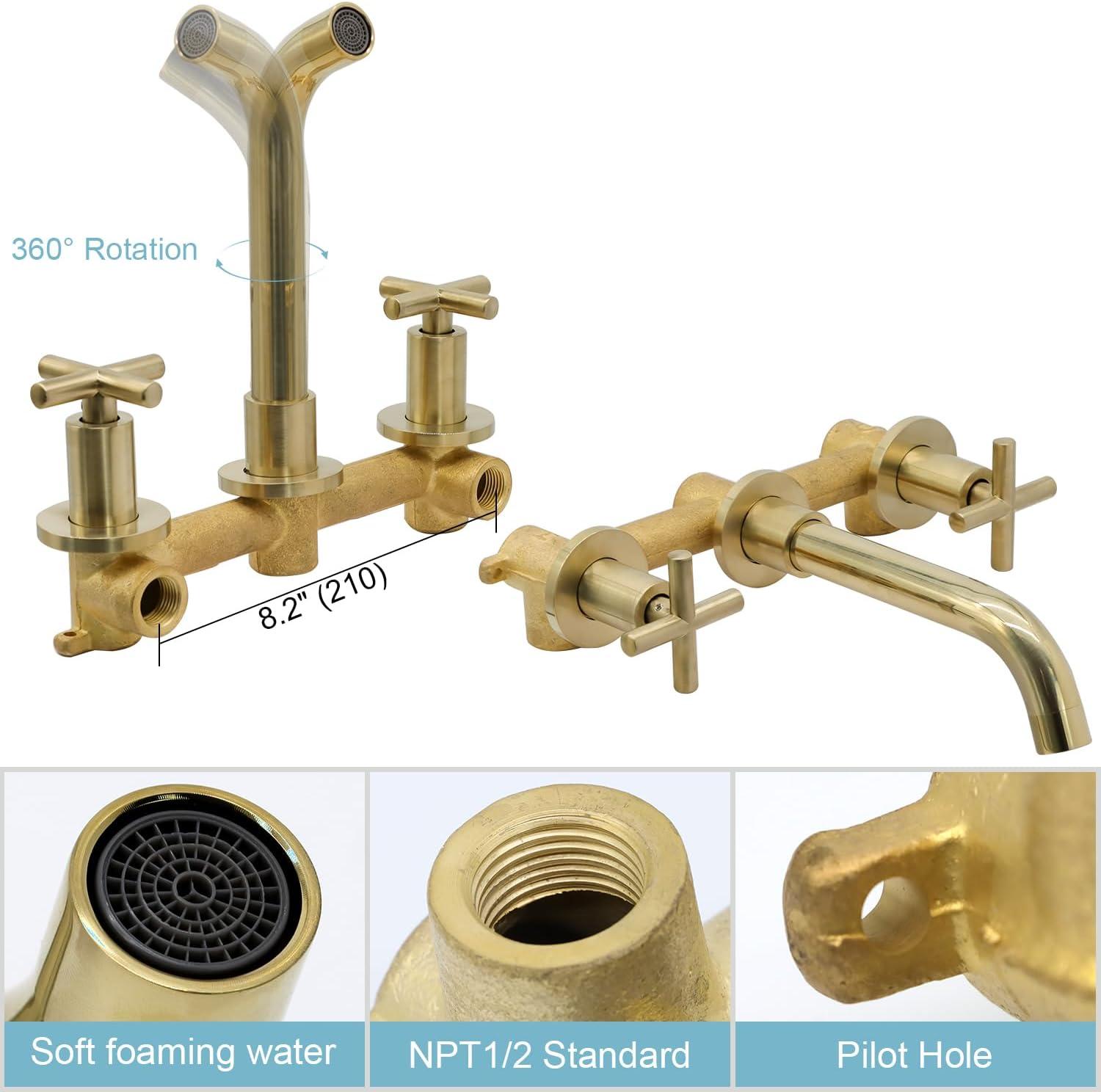 Brushed Gold Wall Mounted Bathroom Faucet with Dual Cross Handles