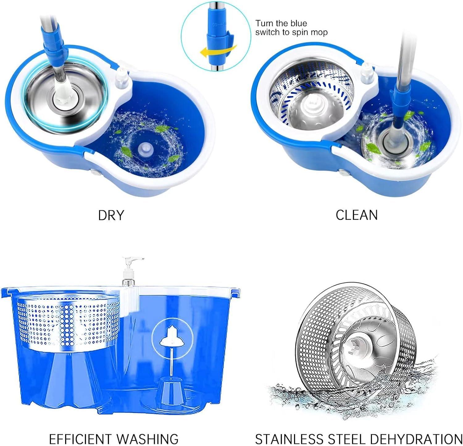 Spin Mop and Bucket with Wringer Set,360°Spin Mop & Bucket Floor Cleaning System Mop Bucket with 61" Adjustable Extended Handle 3 Microfiber Replacement Head Refills