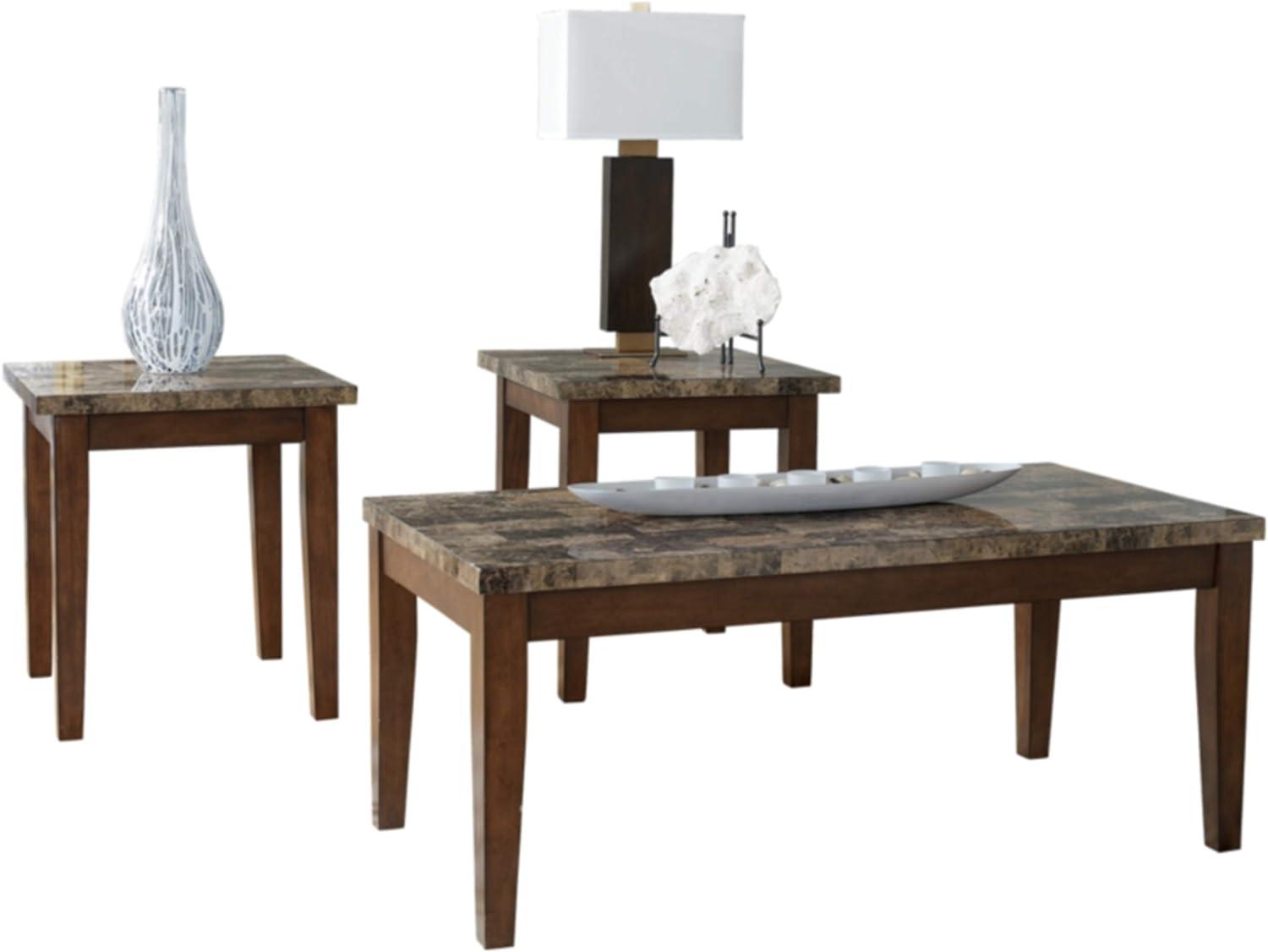 Signature Design by Ashley Theo Contemporary Faux Marble 3-Piece Occasional Table Set, Includes Coffee Table and 2 End Tables, Brown