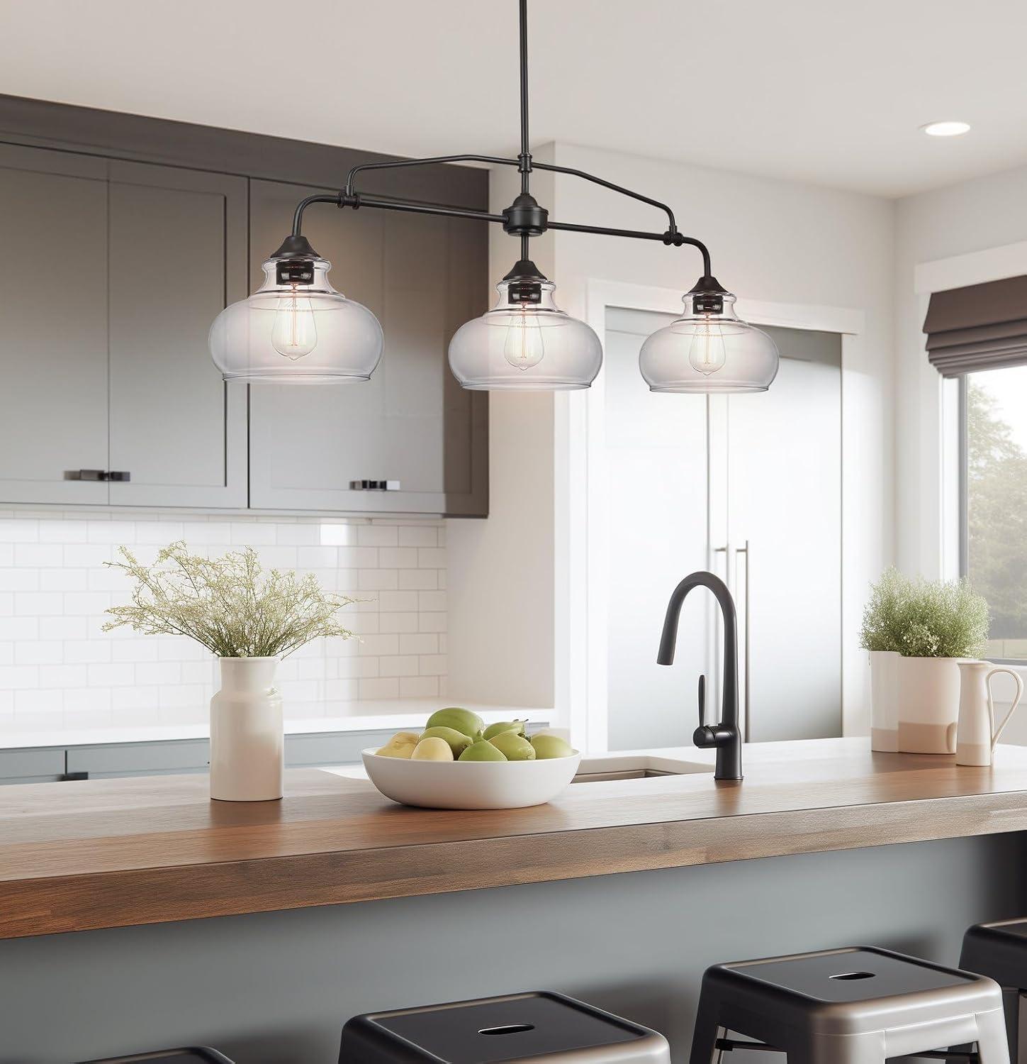 Harlow 38" Oil-Rubbed Bronze Modern Industrial Farmhouse Kitchen Island Light with Clear Glass Shades