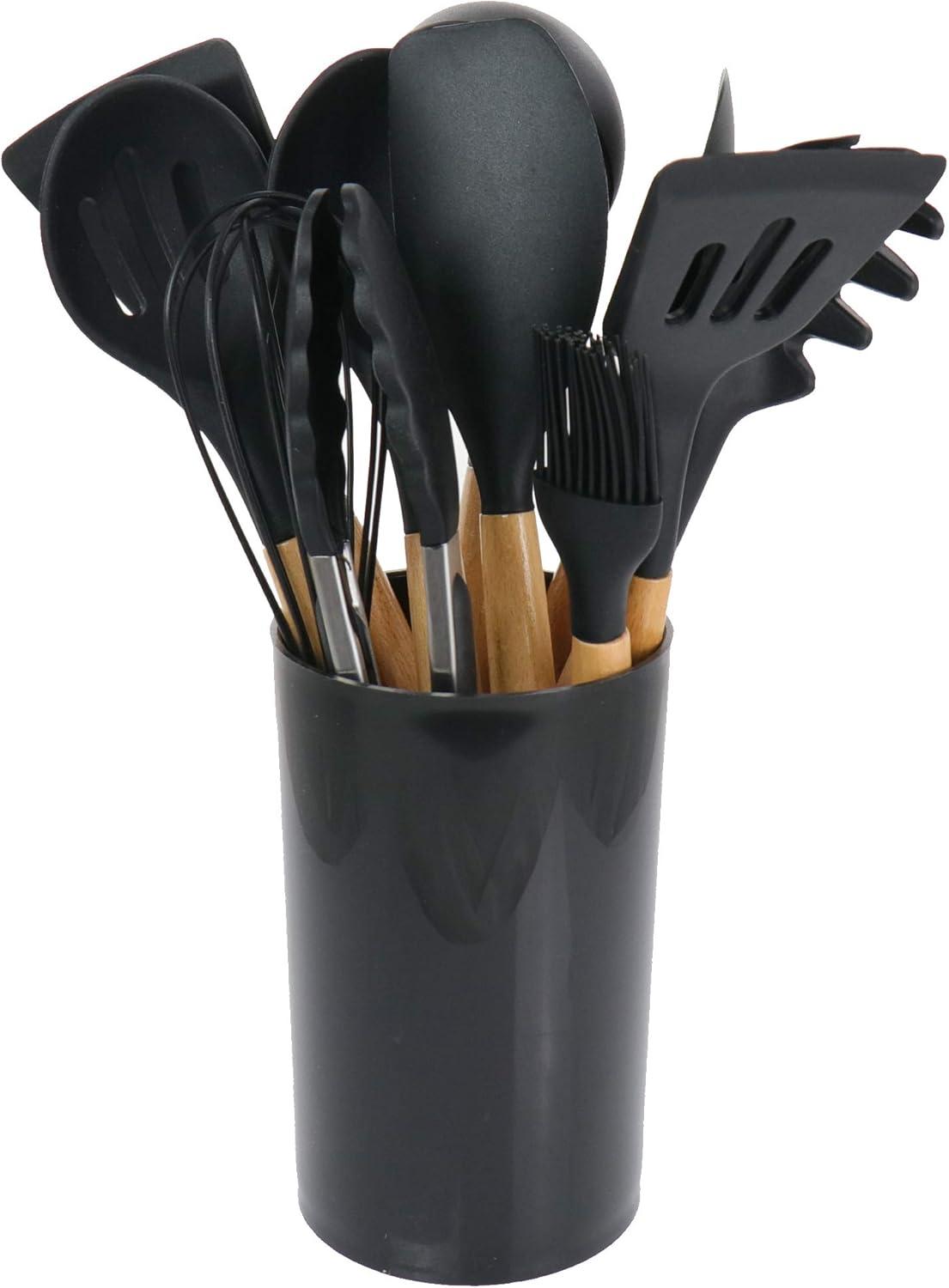 MegaChef 12 Piece Black Silicone and Wood Cooking Utensils Set