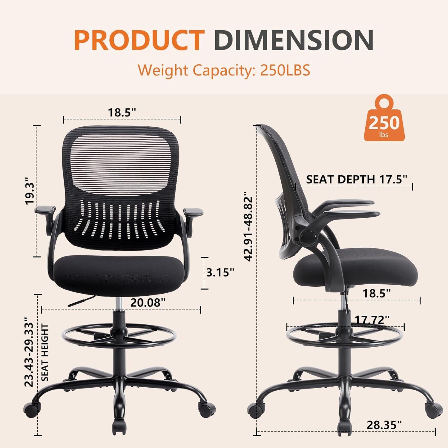 Black Mesh Adjustable Office Drafting Chair with Arms