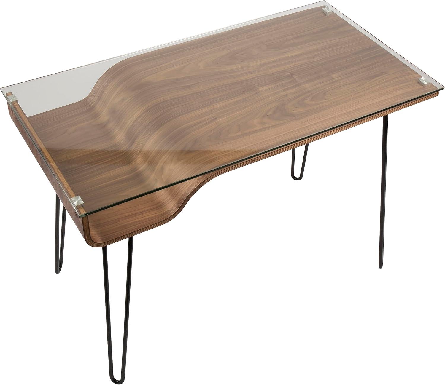 LumiSource Avery Mid Century Modern Desk Walnut : Tempered Glass Top, Wood & Metal Frame, All Purpose Drawer