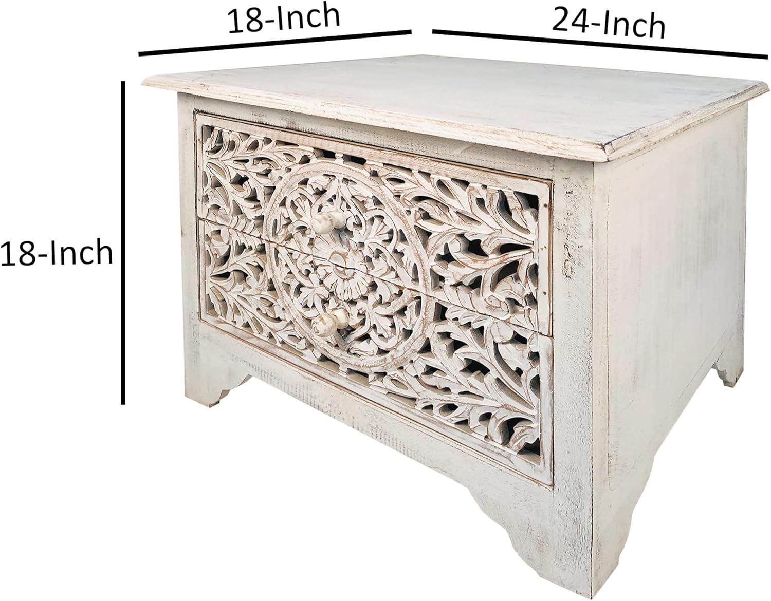 The Urban Port 24" Handcrafted Mango Wood Nightstand Side Table 2 Drawers Floral Carved Cut Out Design Antique White