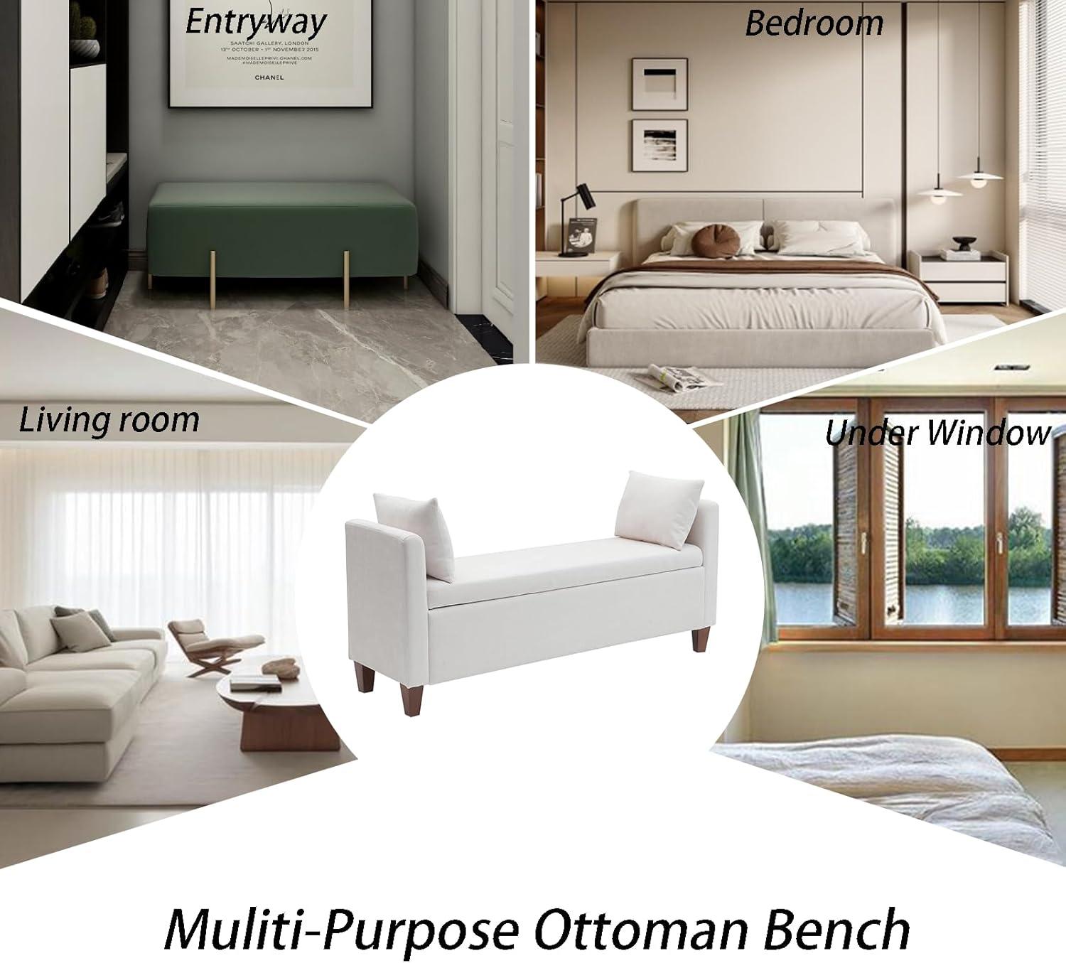 Beige Upholstered Storage Bench with Pillows and Wood Legs