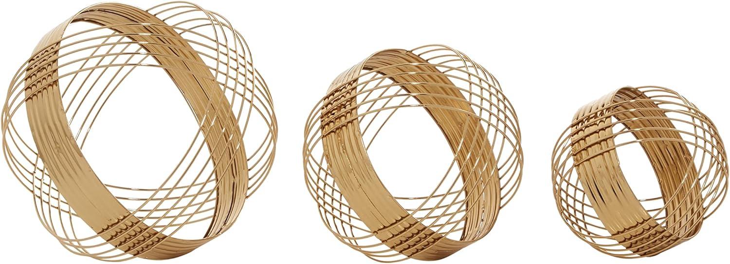 Gold Metal Geometric Wire Orb Sculptures, Set of 3