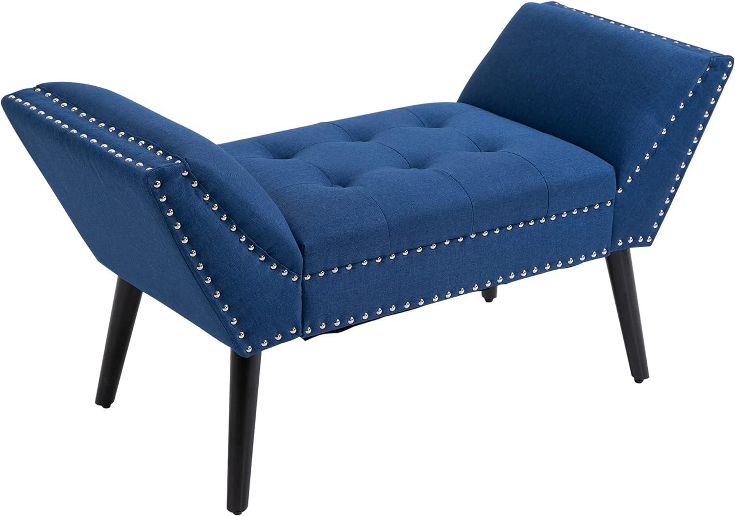 Elegant Nickel-Finish Tufted Linen Footstool with Arms in Blue