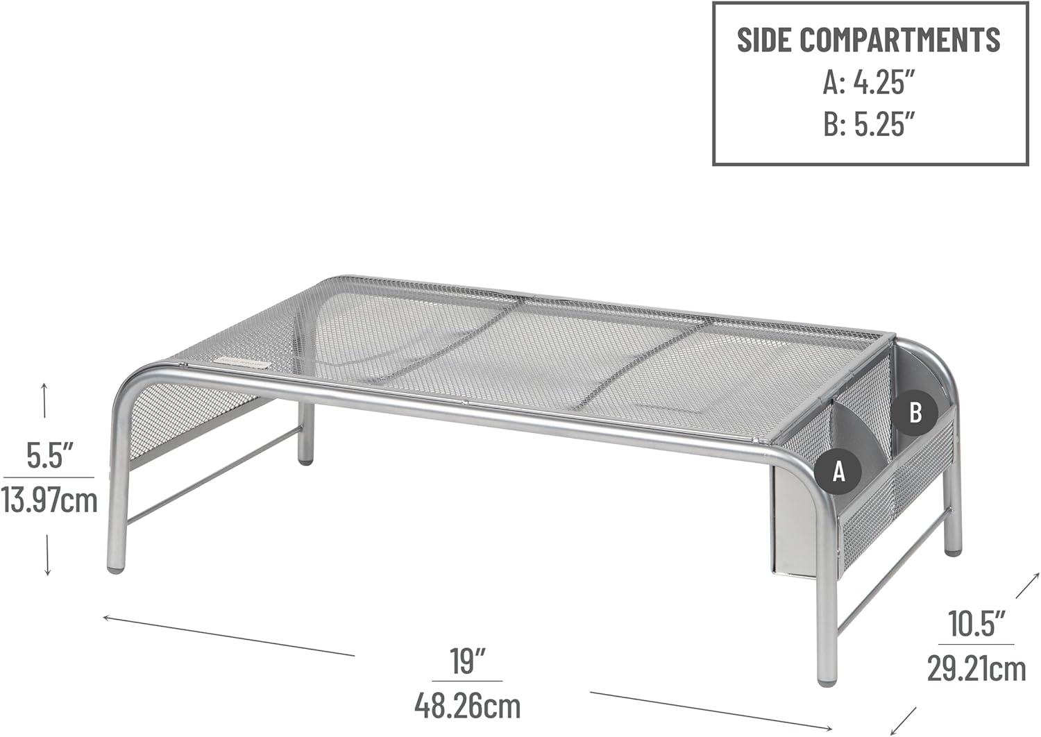 Silver Metal Mesh Monitor Stand with Side Storage