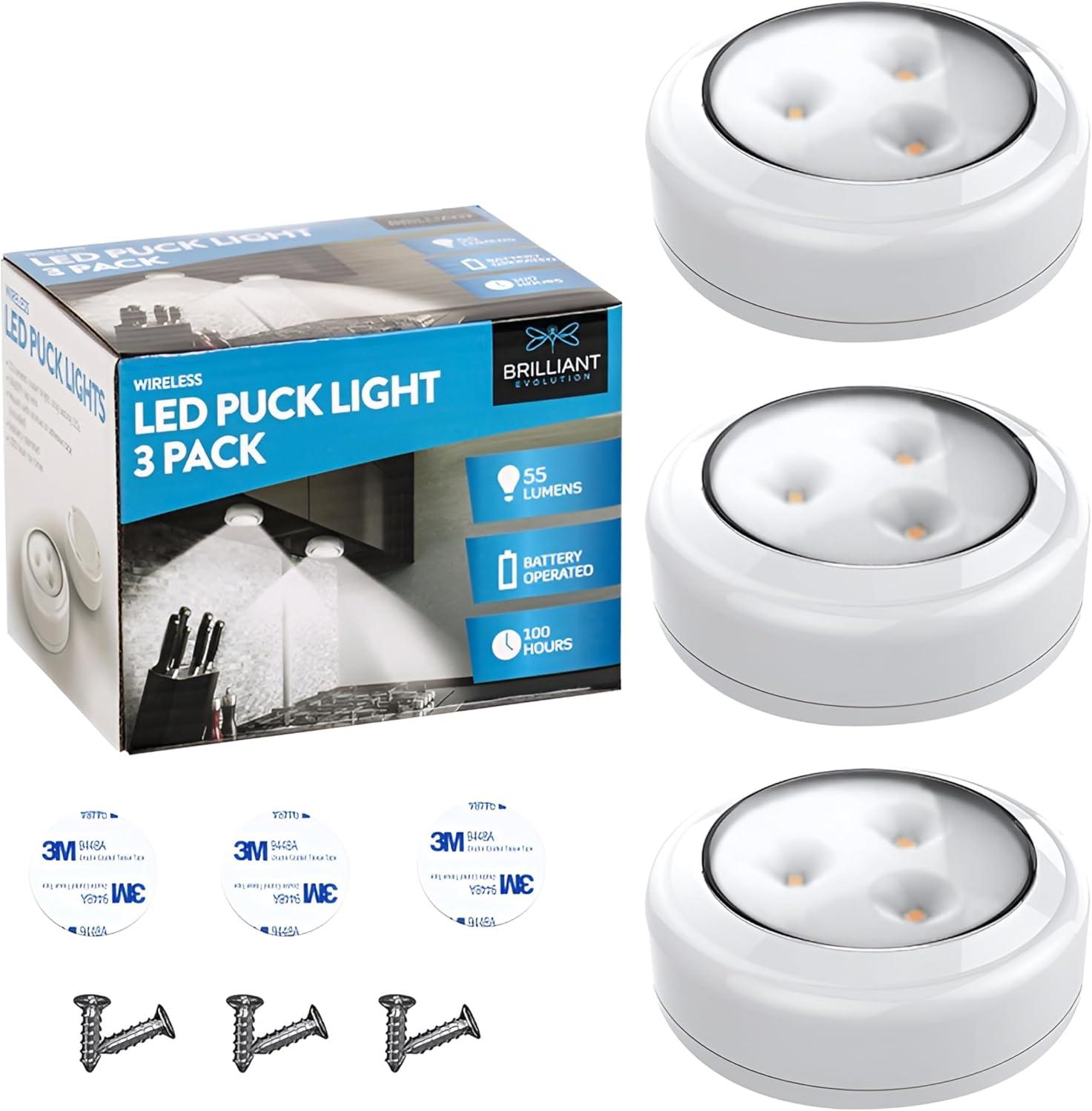 Wireless White LED Puck Light 3-Pack with Tap Technology