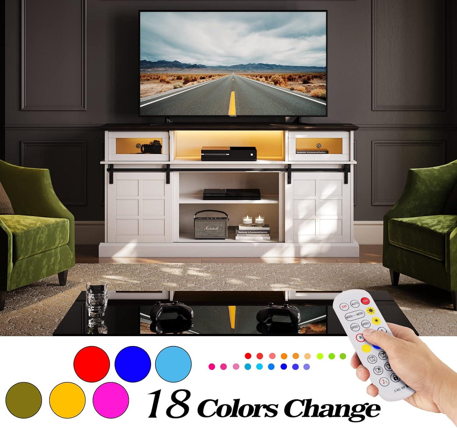 Farmhouse TV Stand W/LED Light, White TV Stand For 65 Inch Tvs, Entertainment Center TV Cabinet Stands With Flip Drawers, Sliding Barn Door TV Center Media Console Table For Living Room Bedroom